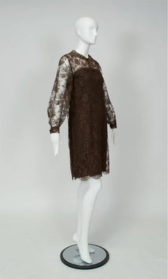 Cele Peterson Brown Illusion Lace Long Sleeve Scalloped Shift Dress - S, 1960s
