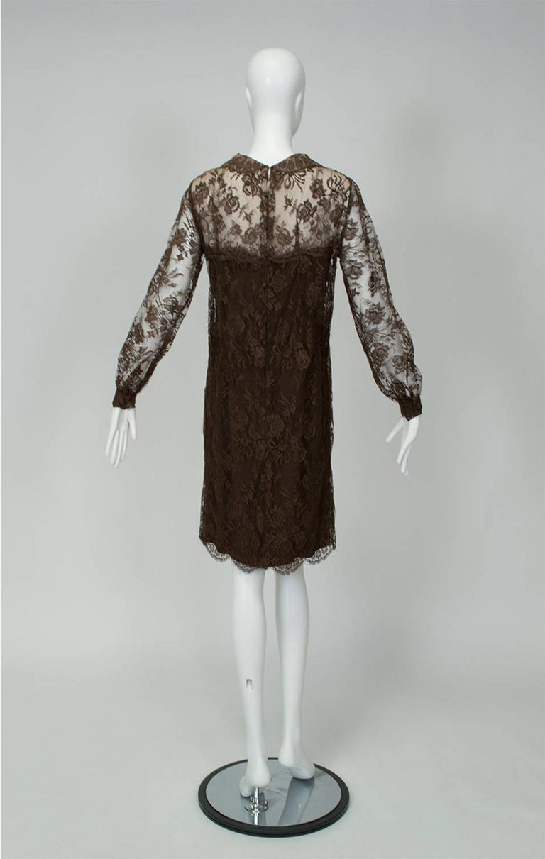 Cele Peterson Brown Illusion Lace Long Sleeve Scalloped Shift Dress - S