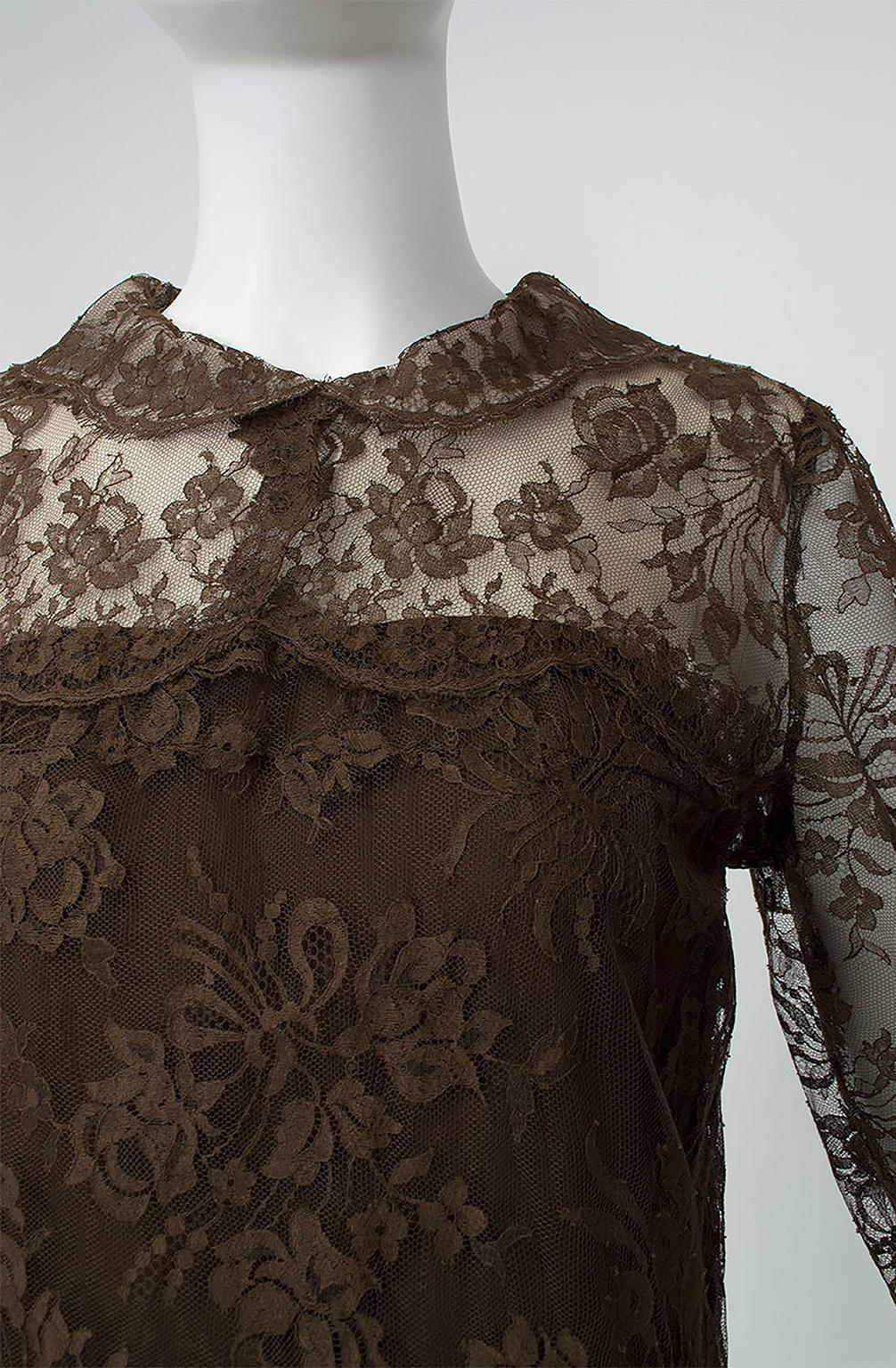 Black Cele Peterson Brown Illusion Lace Long Sleeve Scalloped Shift Dress - S, 1960s