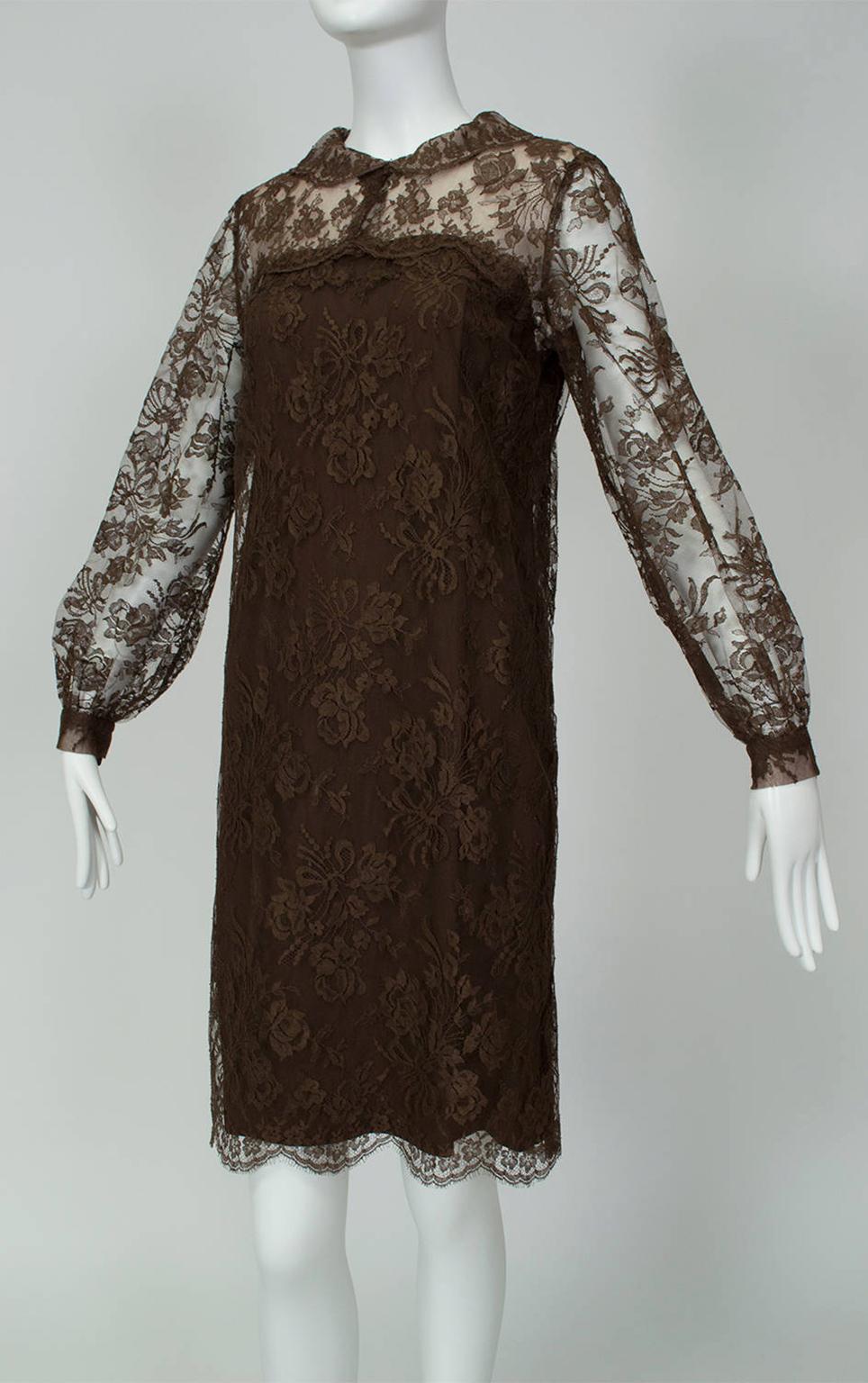 Cele Peterson Brown Illusion Lace Long Sleeve Scalloped Shift Dress - S, 1960s 1