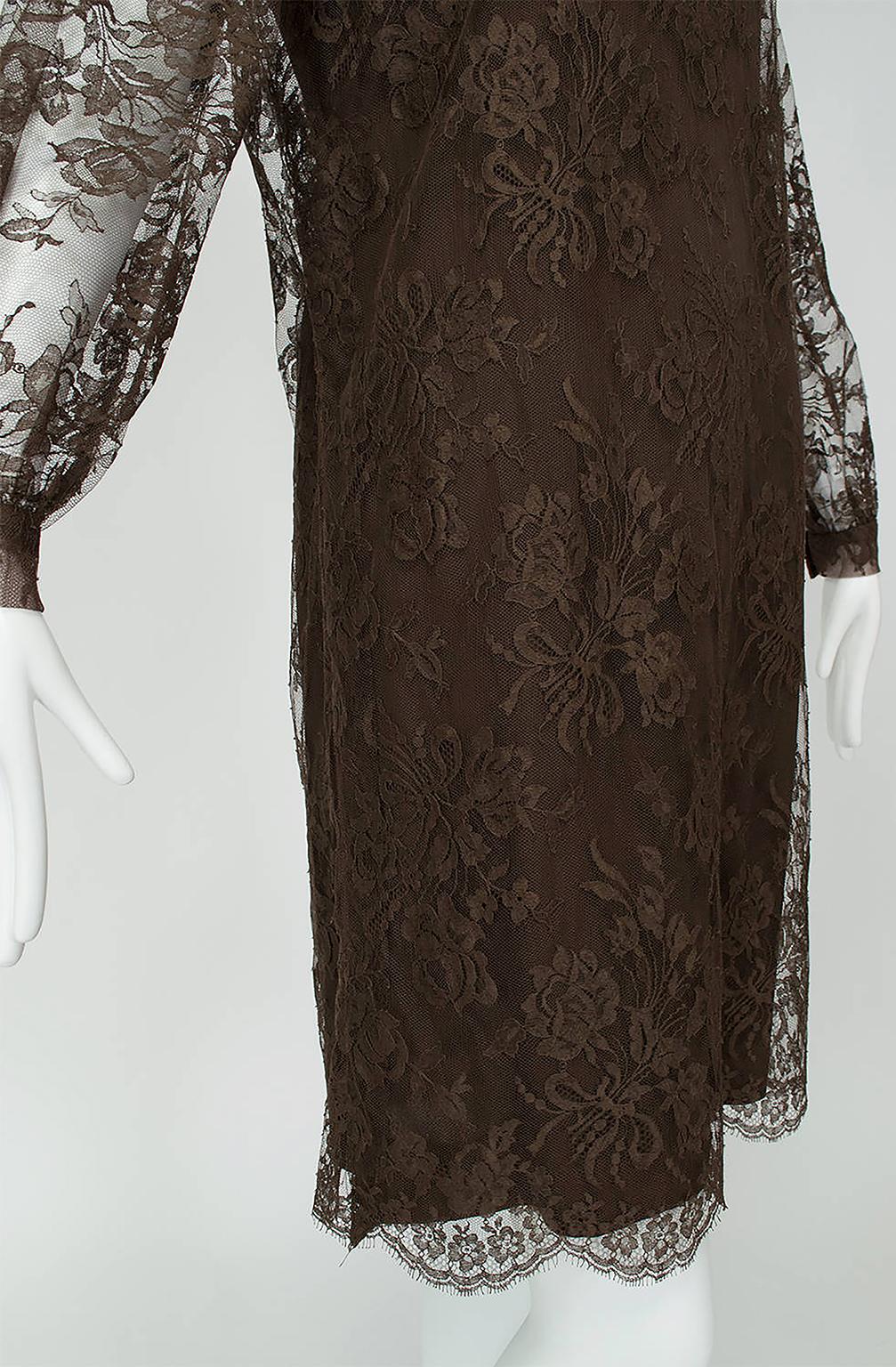 Cele Peterson Brown Illusion Lace Long Sleeve Scalloped Shift Dress - S, 1960s 2