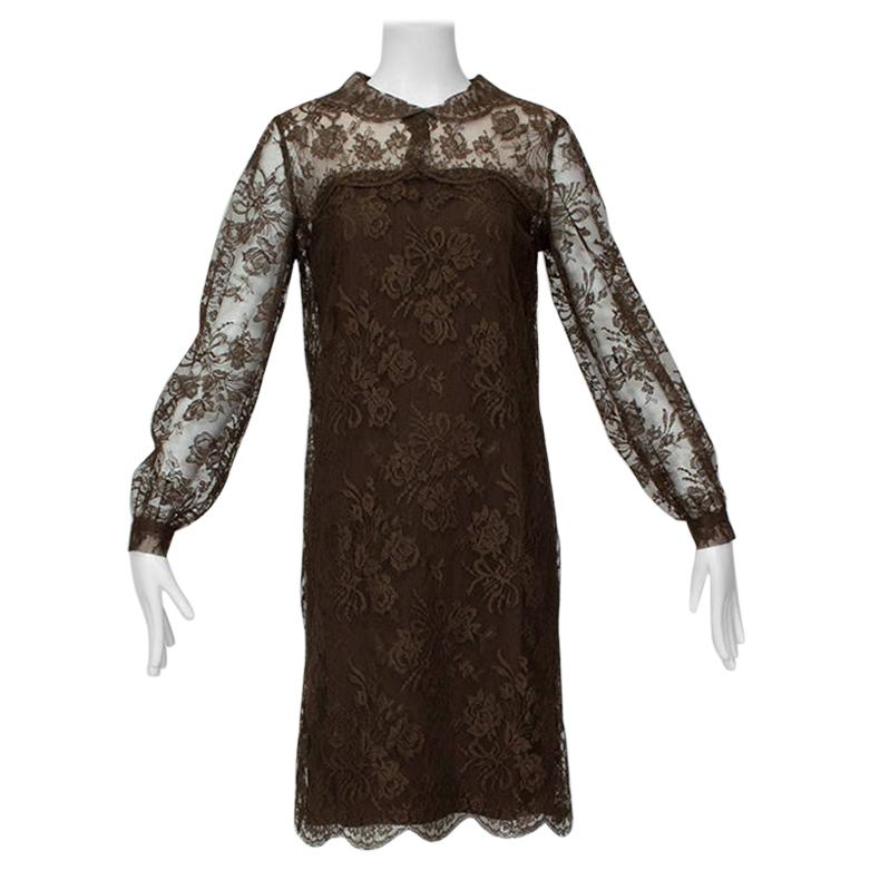 Cele Peterson Brown Illusion Lace Long Sleeve Scalloped Shift Dress - S, 1960s