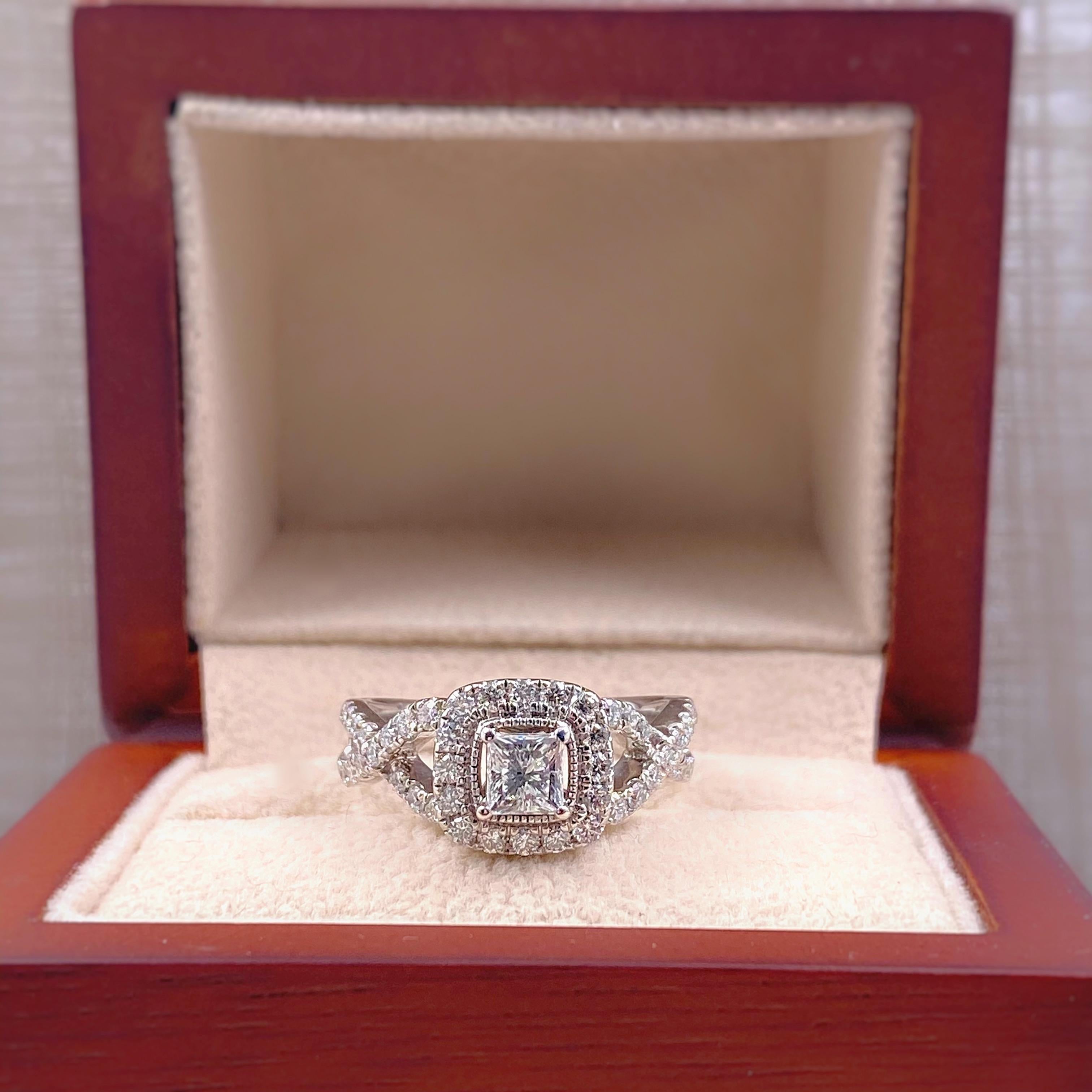 Celebration 102 Princess Diamond Halo Ring 1.02 Carat in 14 Karat Gold For Sale 1