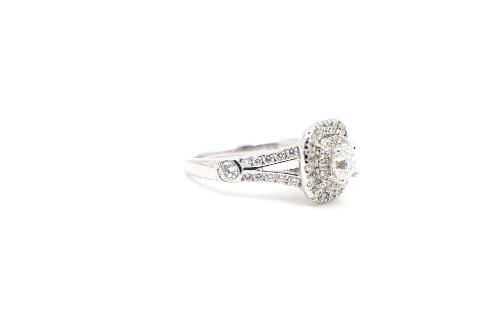 Women's Celebration Cushion Diamond Ring Double Halo 1.20 Carat 18 Karat White Gold For Sale