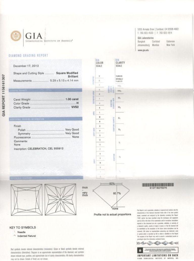 CELEBRATION DIAMOND
Style:  Solitaire Engagement Ring
Serial Number:  CEL555912
Certification:  GIA #1156161307
Metal:  14KT White Gold
Size:  5.5 - Sizable
Total Carat Weight:  1.00 CTS
Diamond Shape:  Square Modified Brilliant ( Princess ) 1.00