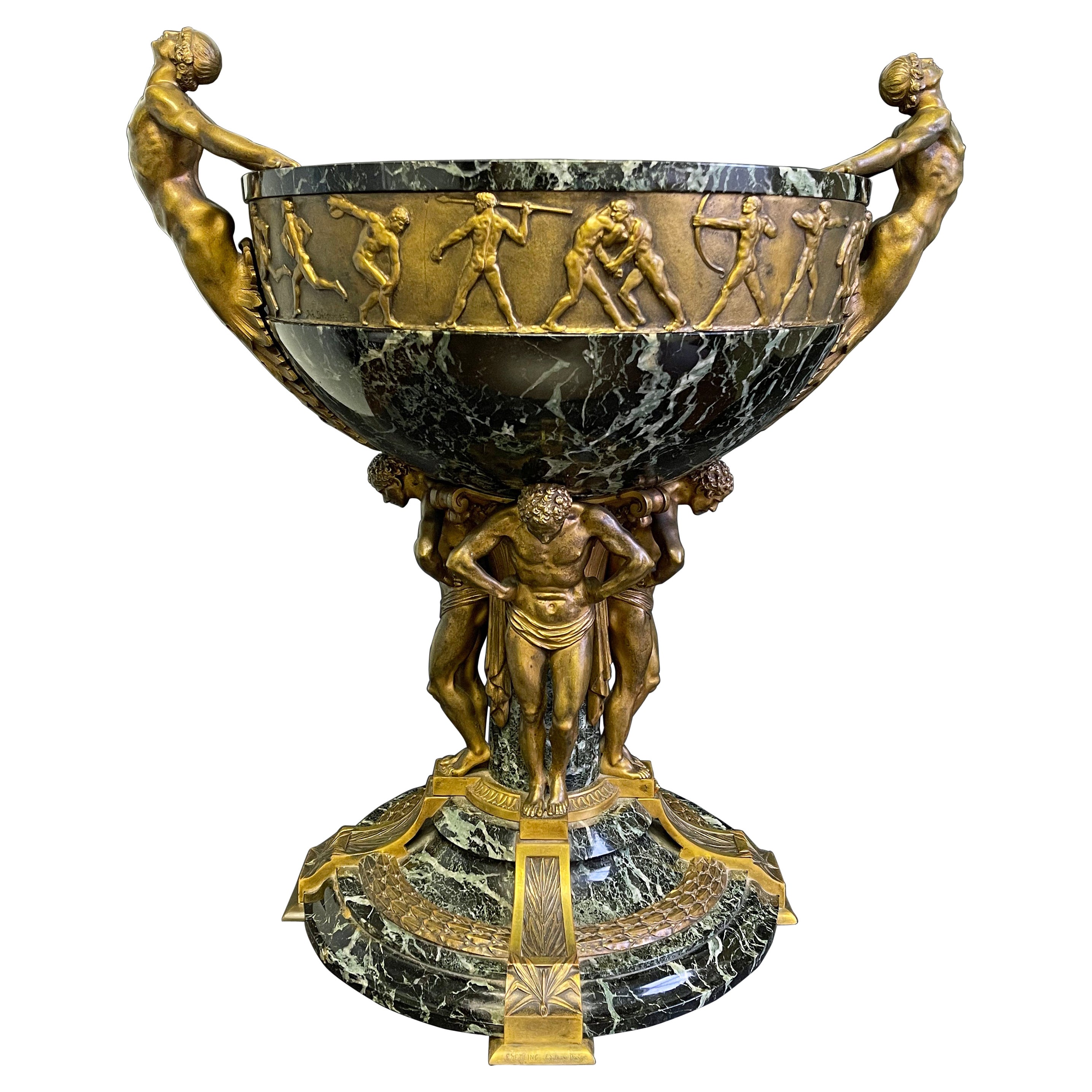 "Celebration of Athletics, " Art Deco Bronze 
Marble Bowl, poss. 1924 Olympics