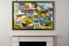 Paesaggio contemporaneo astratto e moderno, olio su tela multicolore