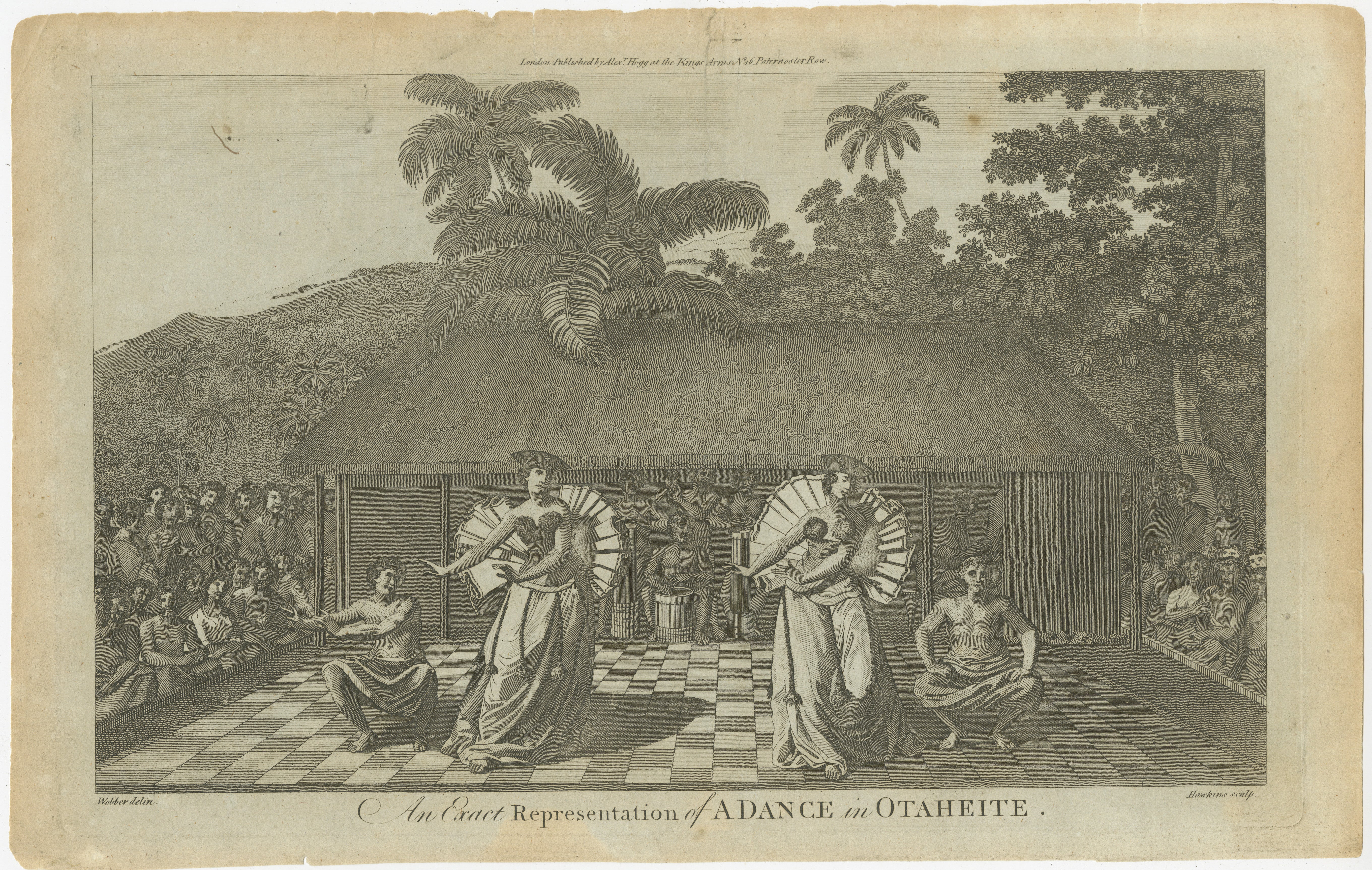 An antique engraving depicting a dance scene titled 