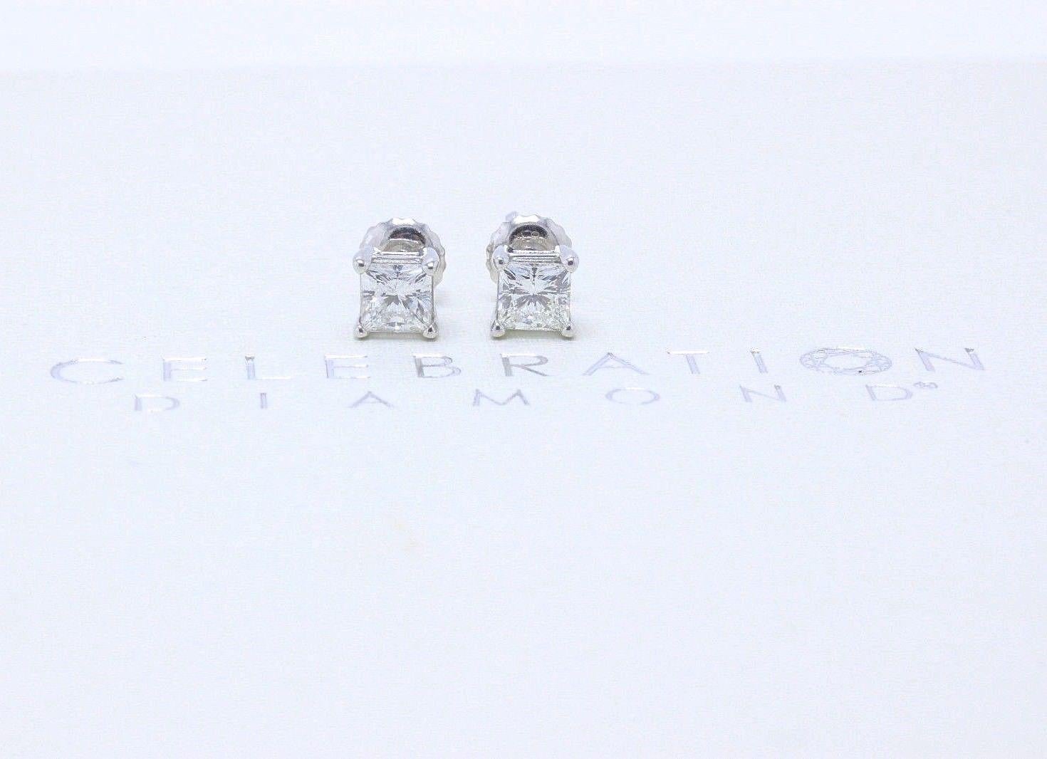 CELEBRATION DIAMOND
Style:  Diamond Stud Earrings
Serial Number:  CEL552093 0.49 CT H SI2 / CEL552076 0.49 CT H SI1
Metal:  18KT White Gold
Total Carat Weight:  0.98 TCW
Diamond Shape:  Princess Cuts
Diamond Color & Clarity:  H - SI1 / H -