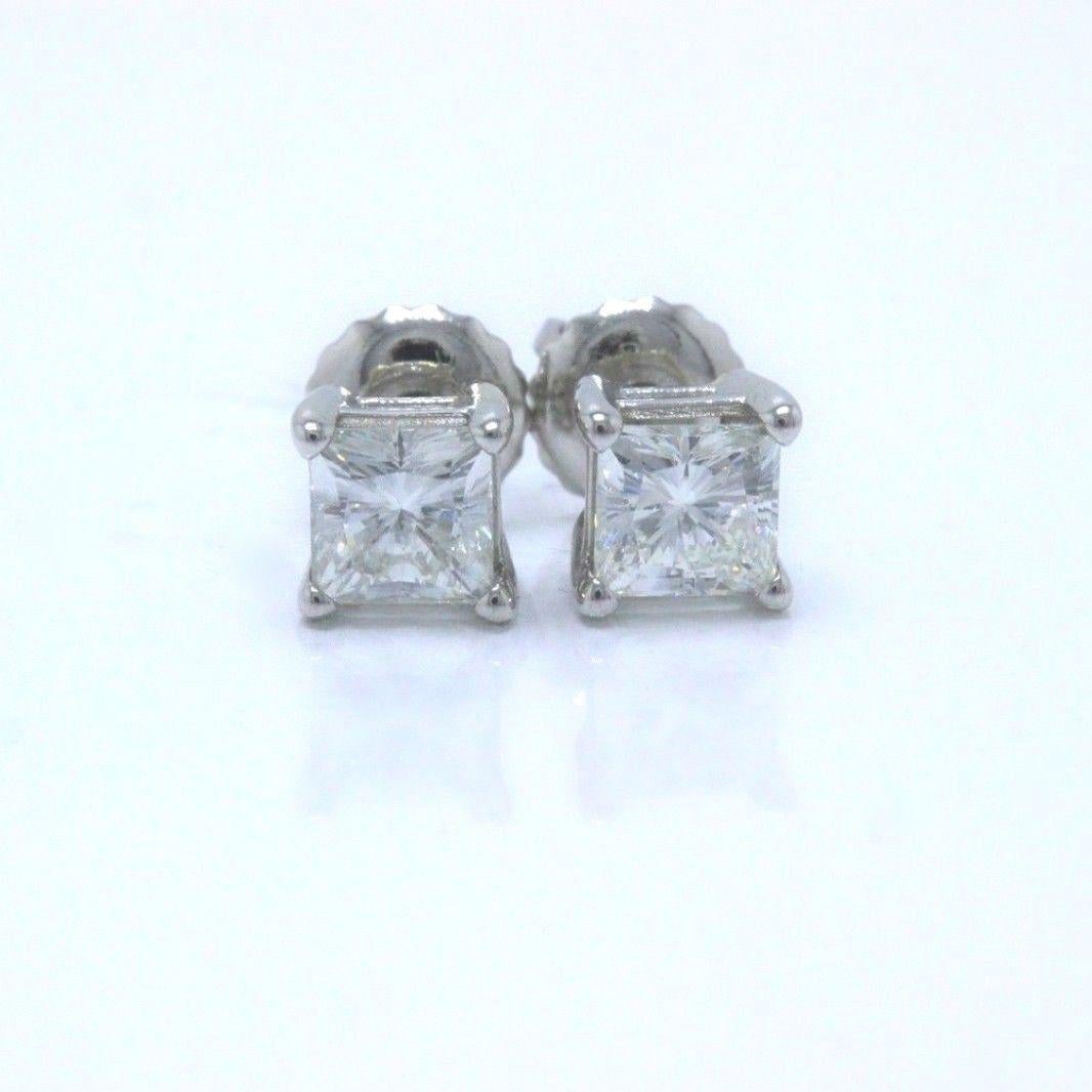 Women's or Men's Celebration Princess Diamond Stud Earrings 0.98 TCW 18K White Gold w/Certificate For Sale