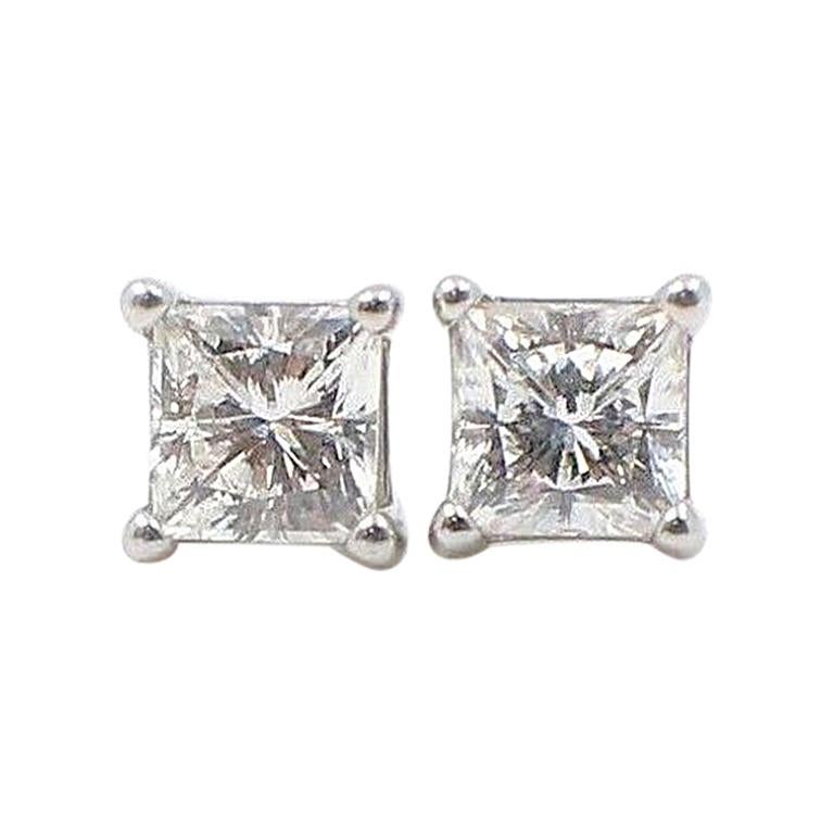 Celebration Princess Diamond Stud Earrings 0.98 TCW 18K White Gold w/Certificate For Sale