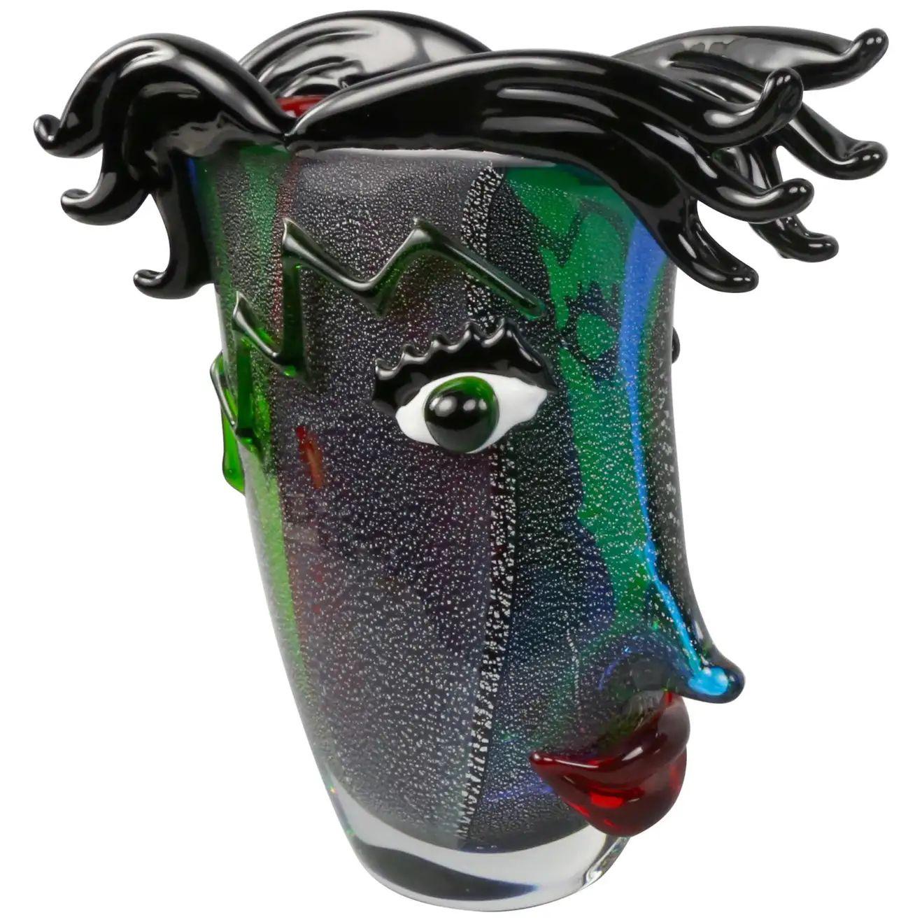 Spectacular Murano Art glass face Sculpture vase made in celebration to Picasso. The handcrafted multicolored sculpture is signed by the artist. The colors can appear to be more intense in different light conditions and angles. Measures