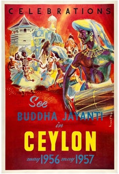 CELEBRATIONS SEE BUDDHA JAYANTI IN CEYLON Original Vintage Travel Tourism Poster
