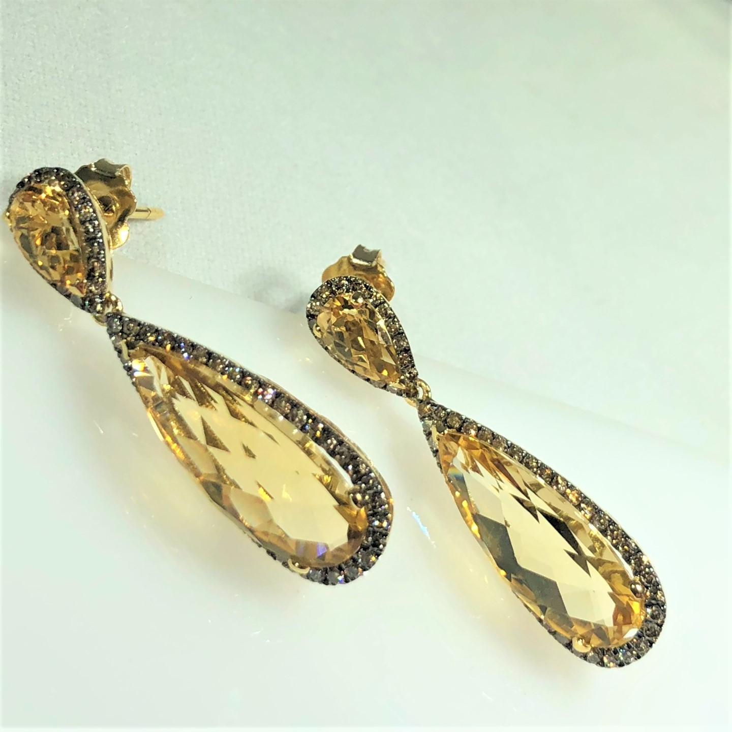 Women's Celebrity 18 Karat Yellow Gold Cognac Diamond and Citrine Drop Earrings