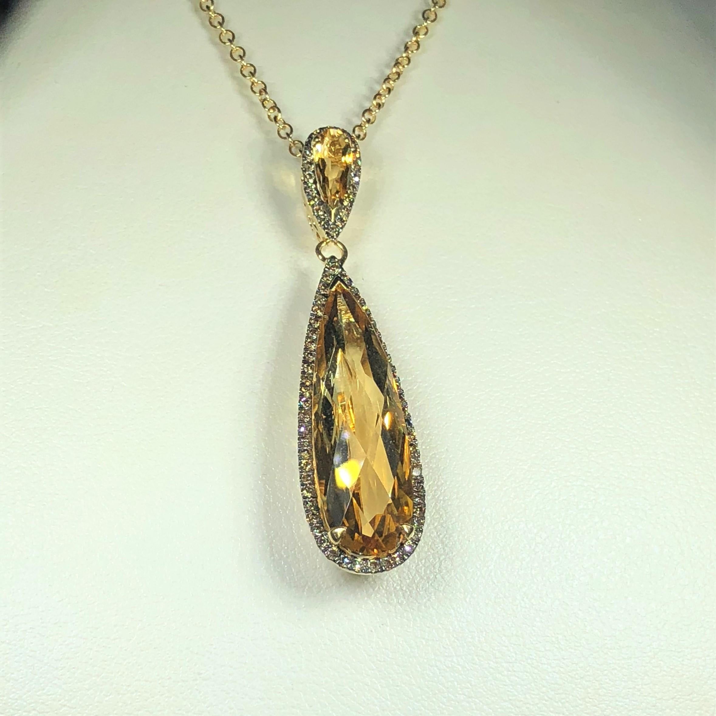 Pear Cut Celebrity 18 Karat Yellow Gold Cognac Diamond and Citrine Drop Necklace