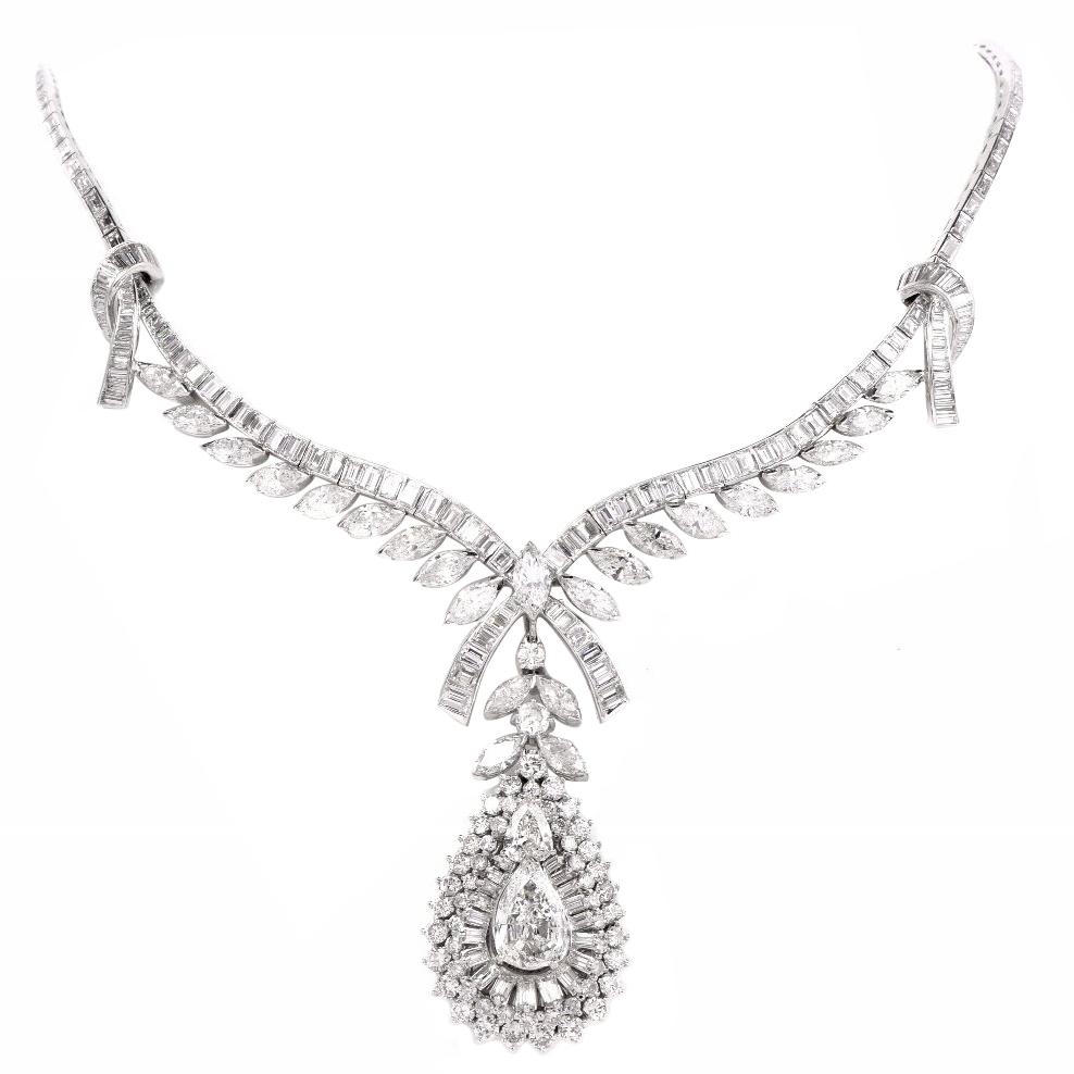 Celebrity 33.01 Carat Baguette Pear Diamond Platinum Drop Necklace For Sale