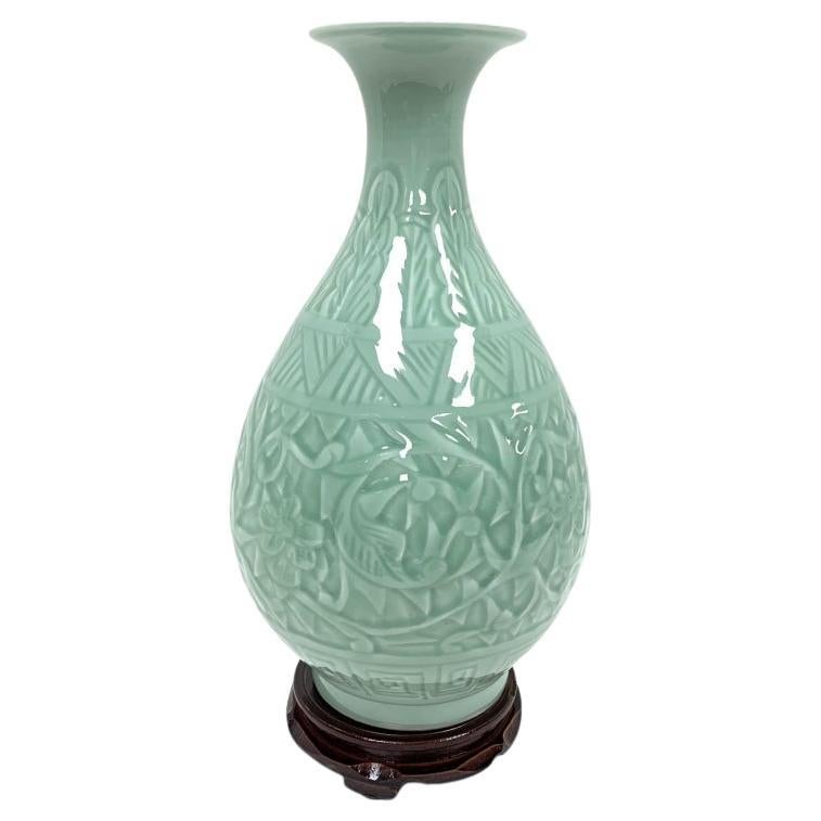 Celedon Porcelain Vase With Wooden Base