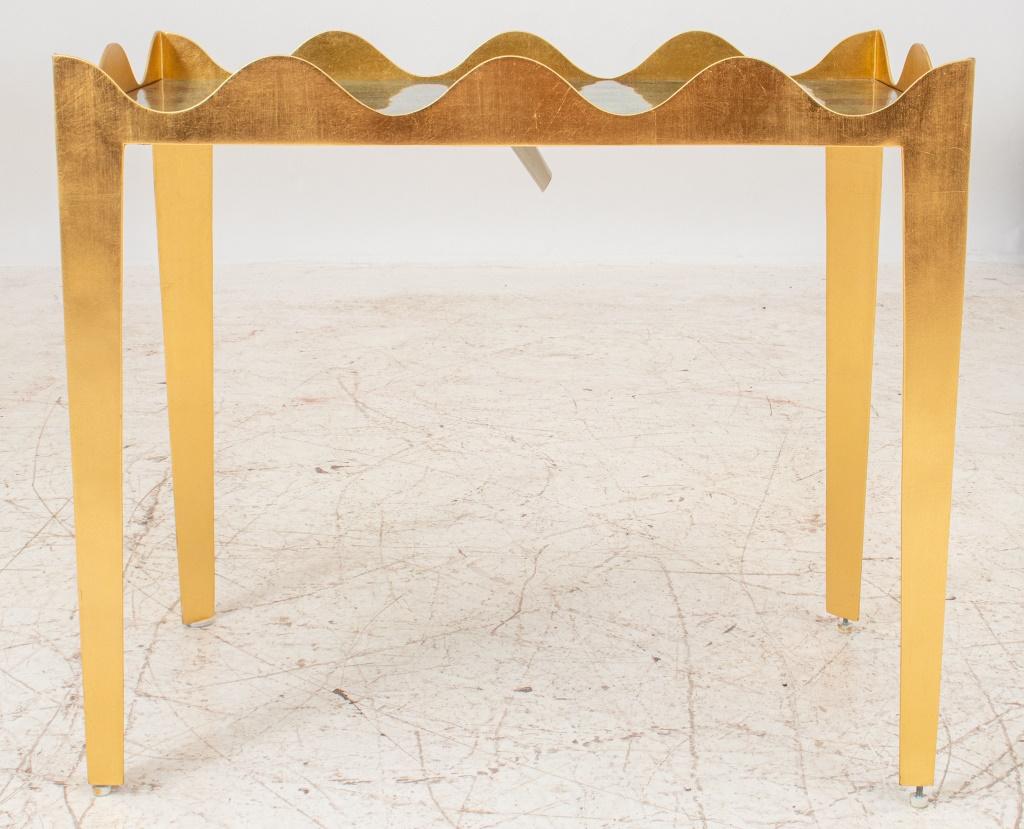 Mat gilt metal ruffle coffee table designed by Celerie Kemble (American, XX-XXI) for Henredon, emerald green dyed penshell inset top. 26.5