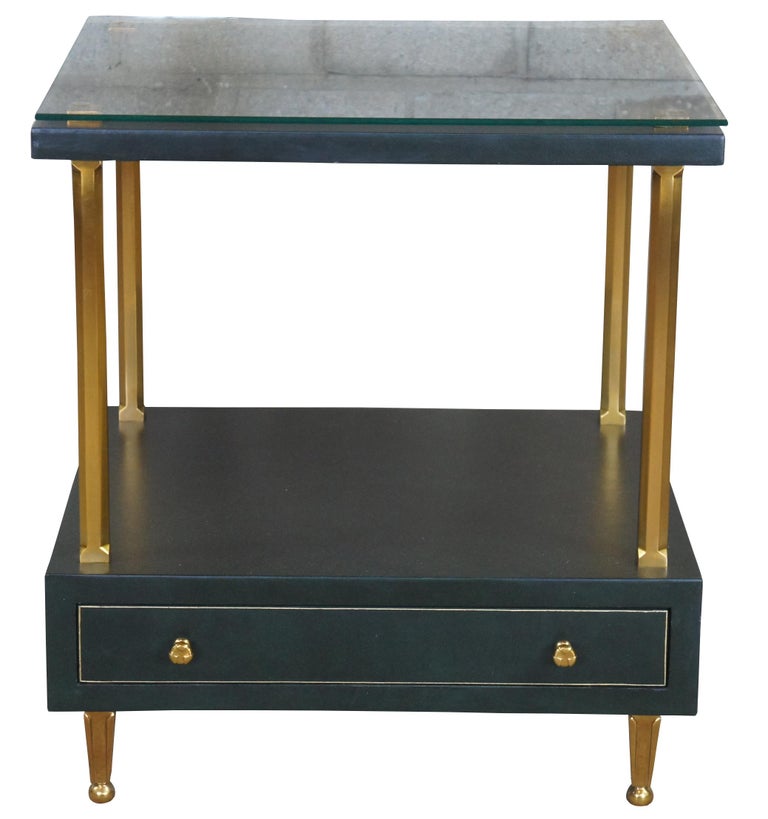 Celerie Kemble Henredon Green Leather Modern Side Accent Table Glass Top In Good Condition In Dayton, OH