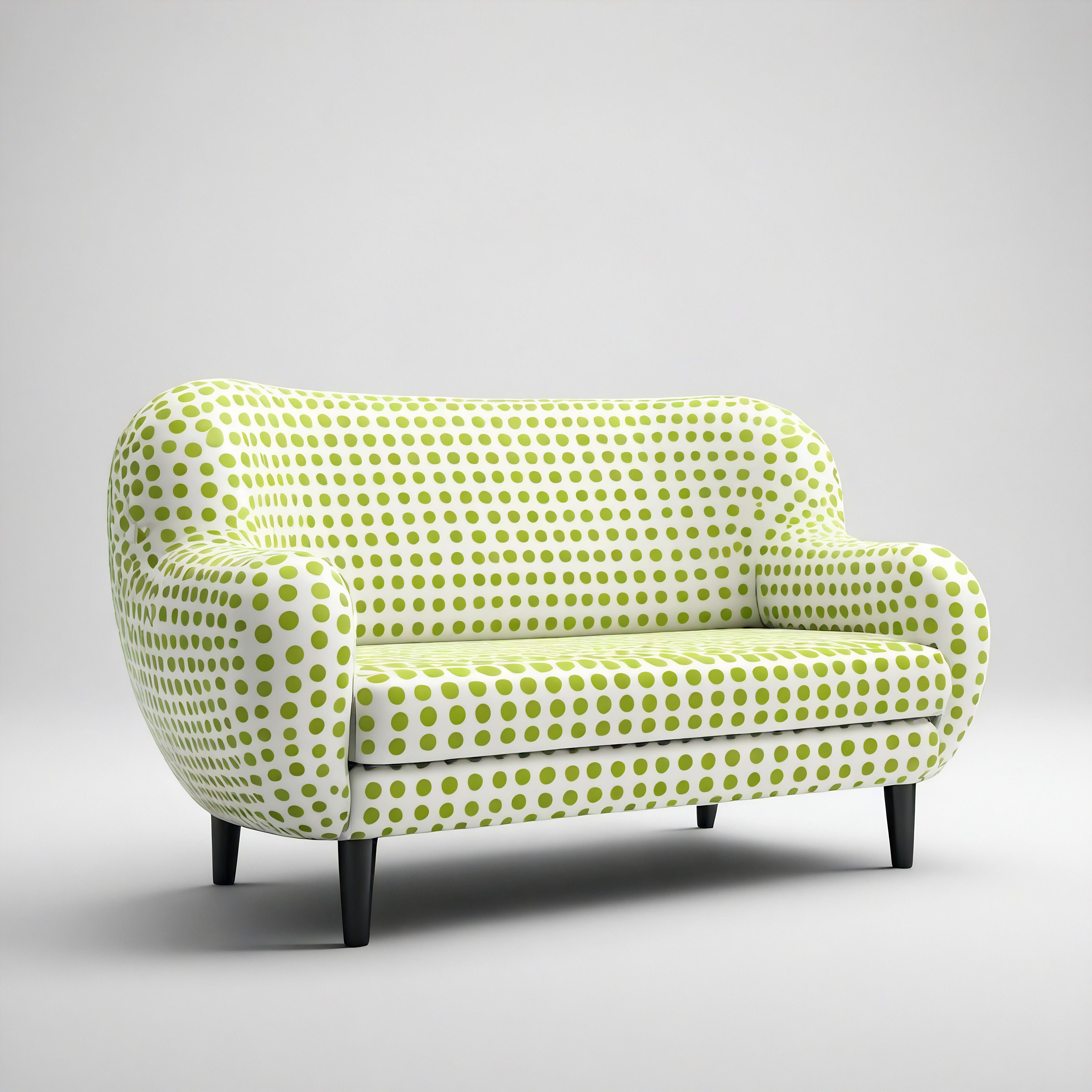 Unser von Yayoi Kusama inspirierter Loungesessel ist eine einzigartige Verschmelzung von zeitgenössischem Design und traditioneller Handwerkskunst. Dieser auffallend weiße Stuhl ist mit verspielten mintgrünen Tupfen verziert und fängt die Essenz von