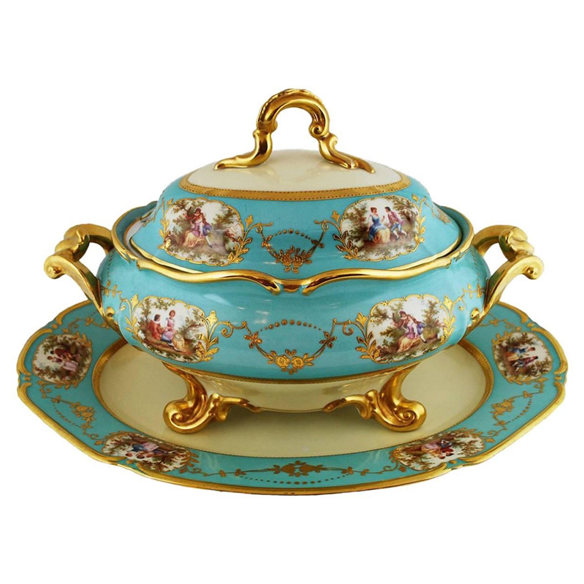 Grande soupe à soupe bleu aqua sous-assiette de Thomas Bavaria, vers 1930 en vente