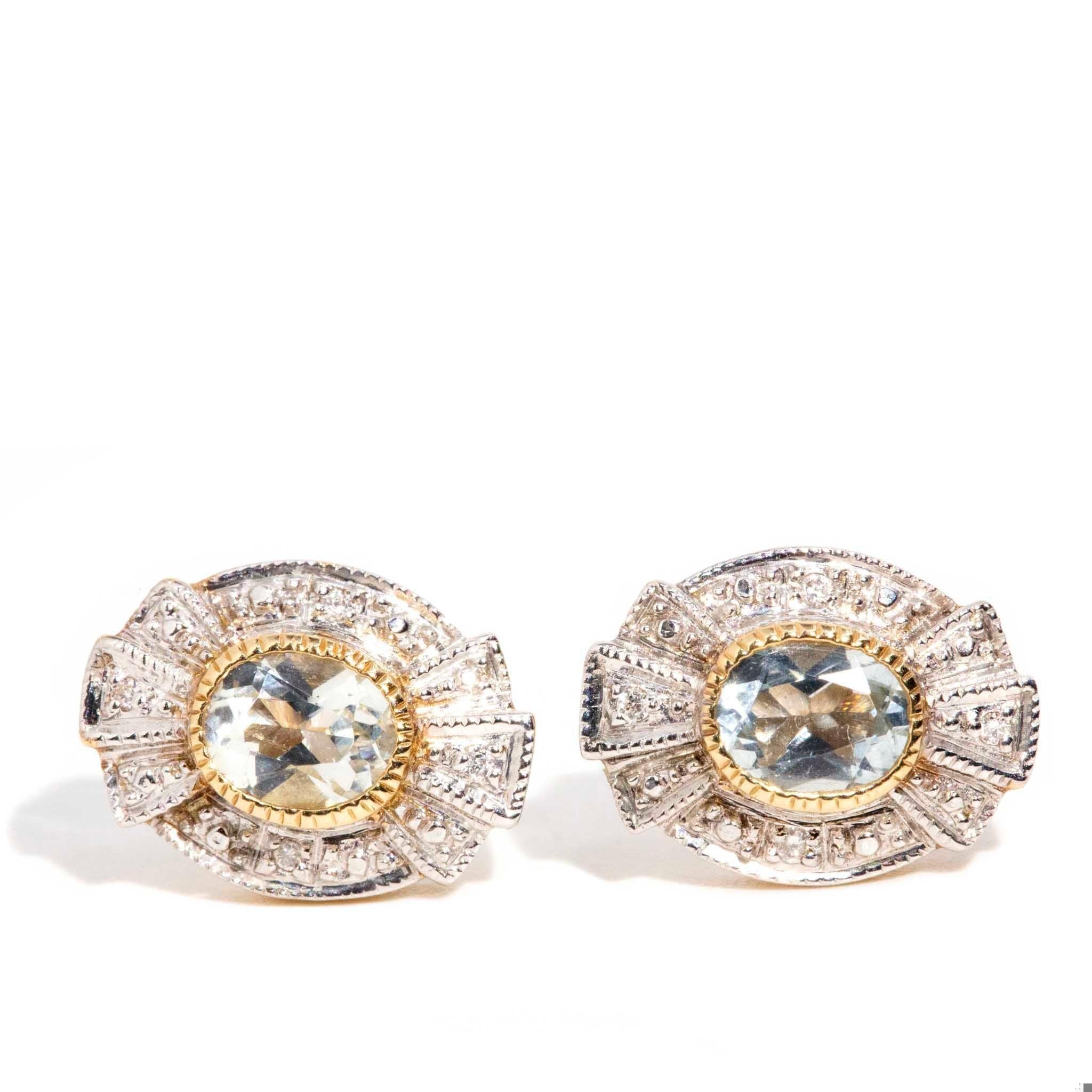 The Celeste Earrings are a grand celebration of shimmering diamonds and icy blue aquamarines. A monument to the decadence of cinemas Golden Age, the world is her stage and the curtain will rise as is her wont.

The Celeste Earrings Gem Details
The