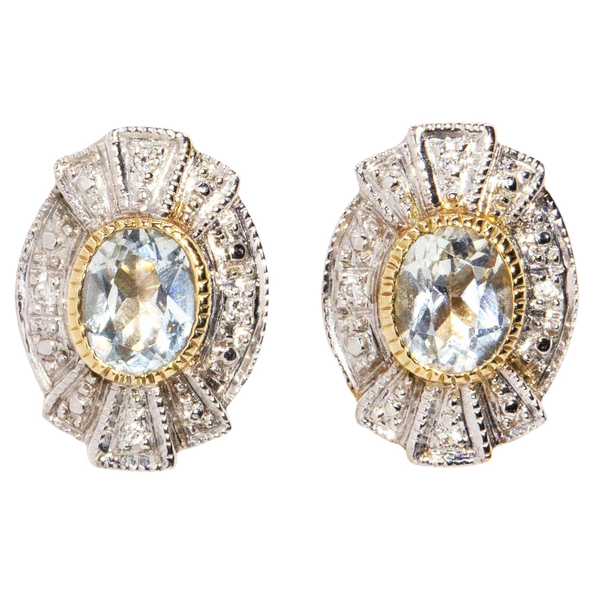 Celeste Aquamarine & Diamond Earrings 9 Carat Gold For Sale