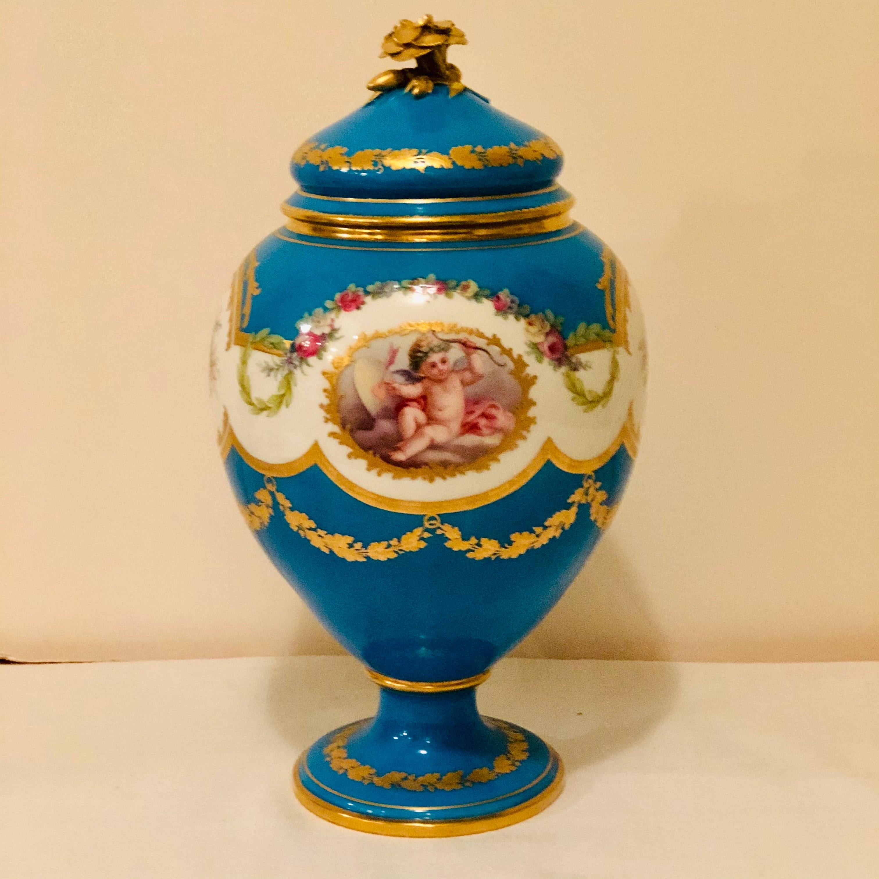 Celeste Blue Minton Urn Painted with Cherubs and Flowers in the Style of Sèvres 1