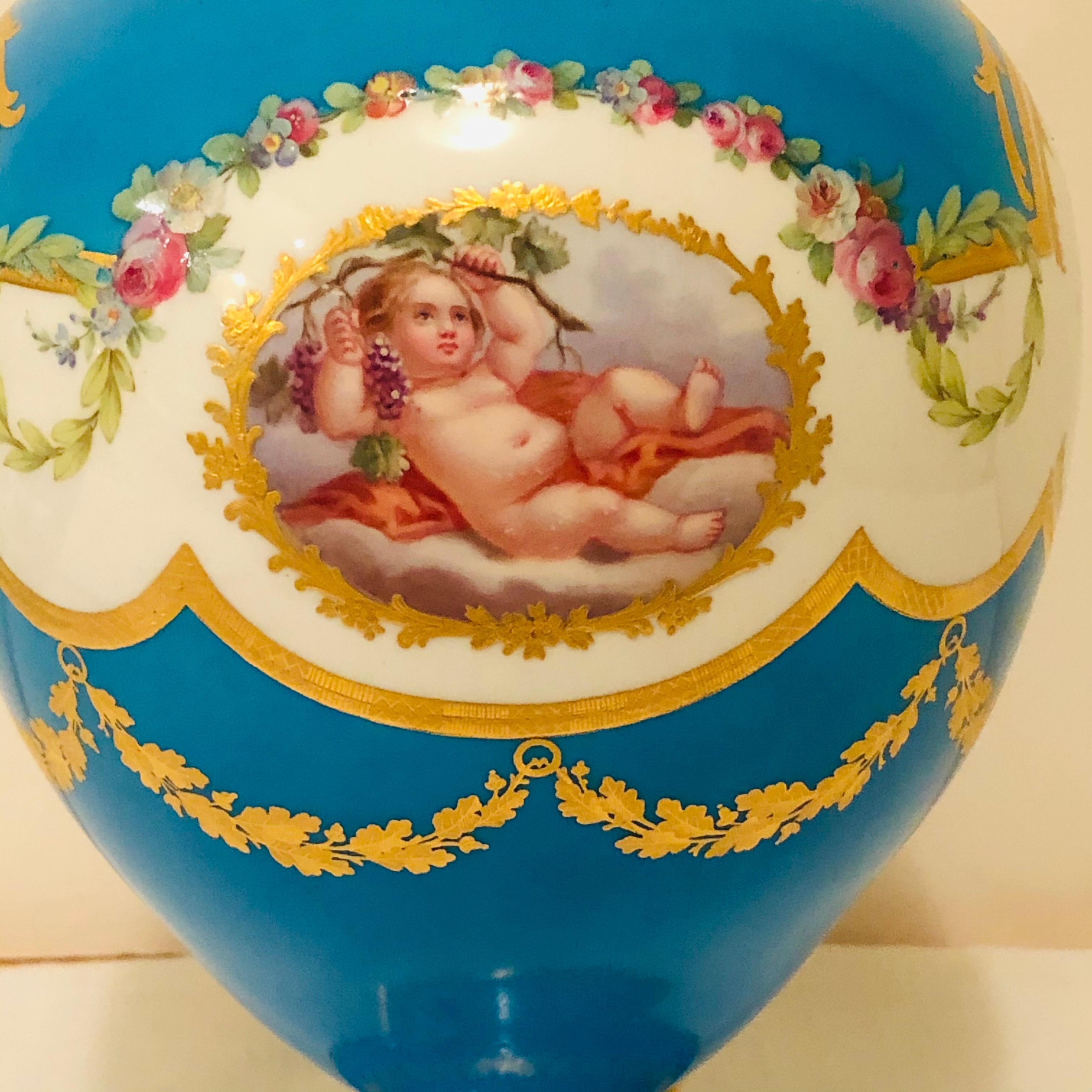 Celeste Blue Minton Urn Painted with Cherubs and Flowers in the Style of Sèvres 3