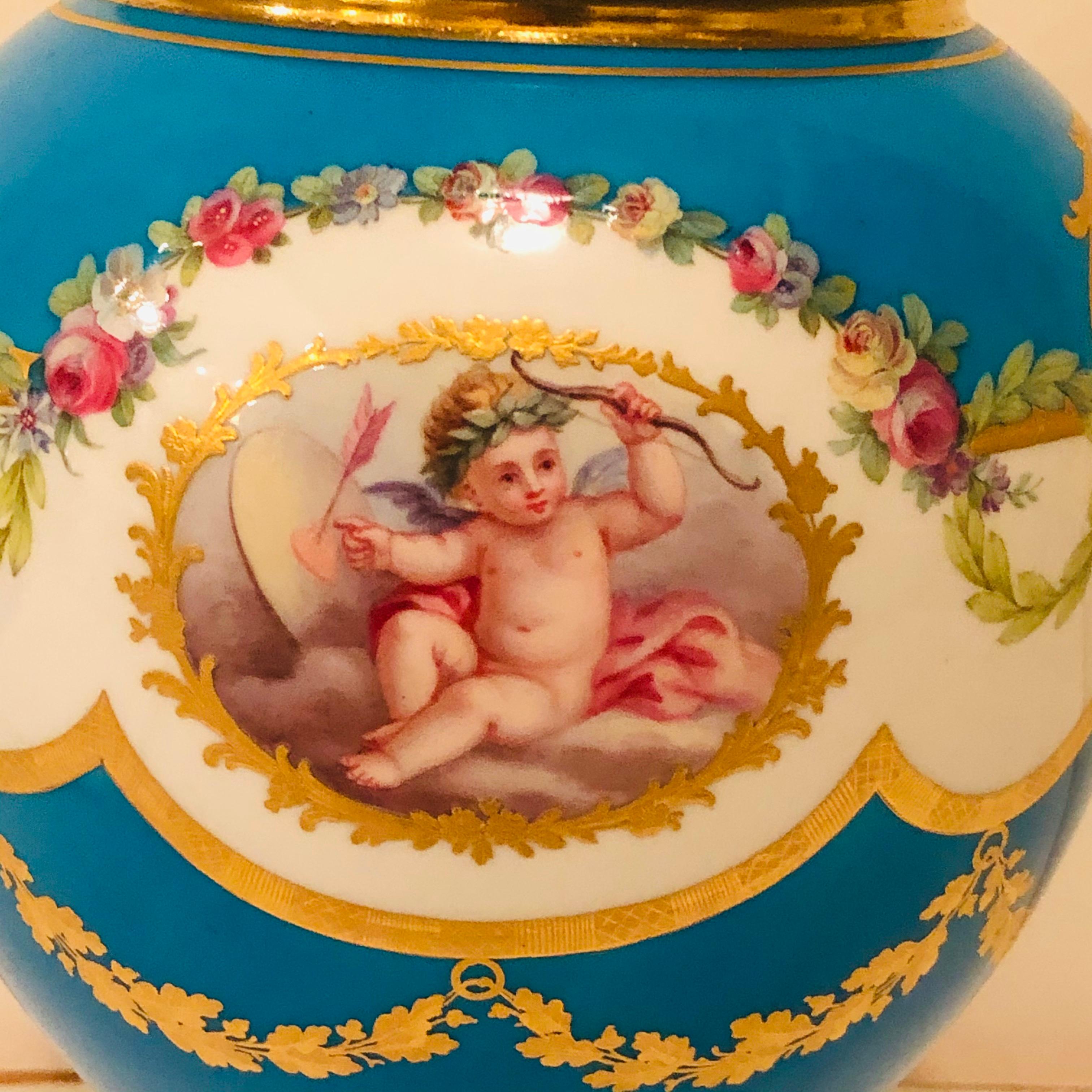 Celeste Blue Minton Urn Painted with Cherubs and Flowers in the Style of Sèvres 4