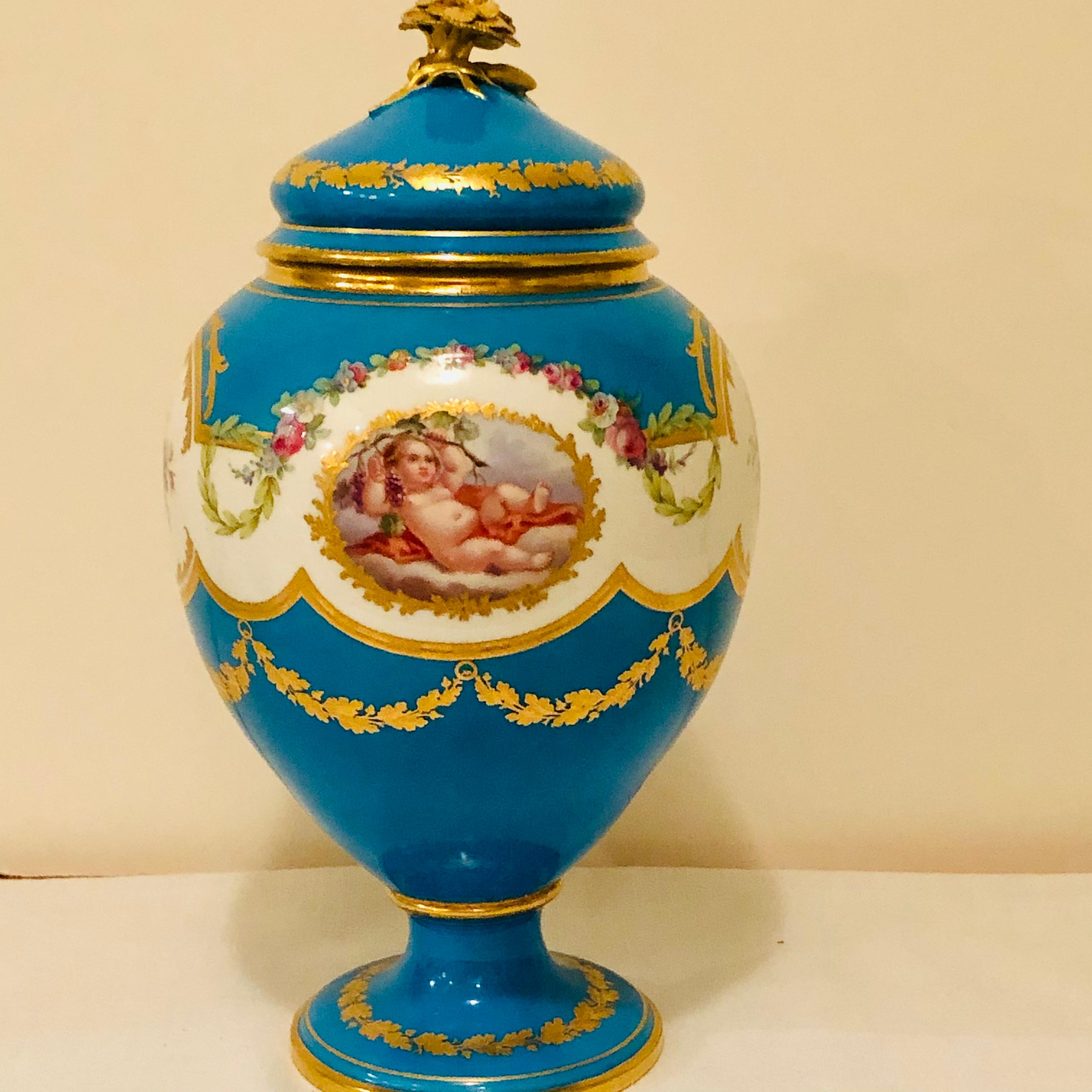 Celeste Blue Minton Urn Painted with Cherubs and Flowers in the Style of Sèvres 7
