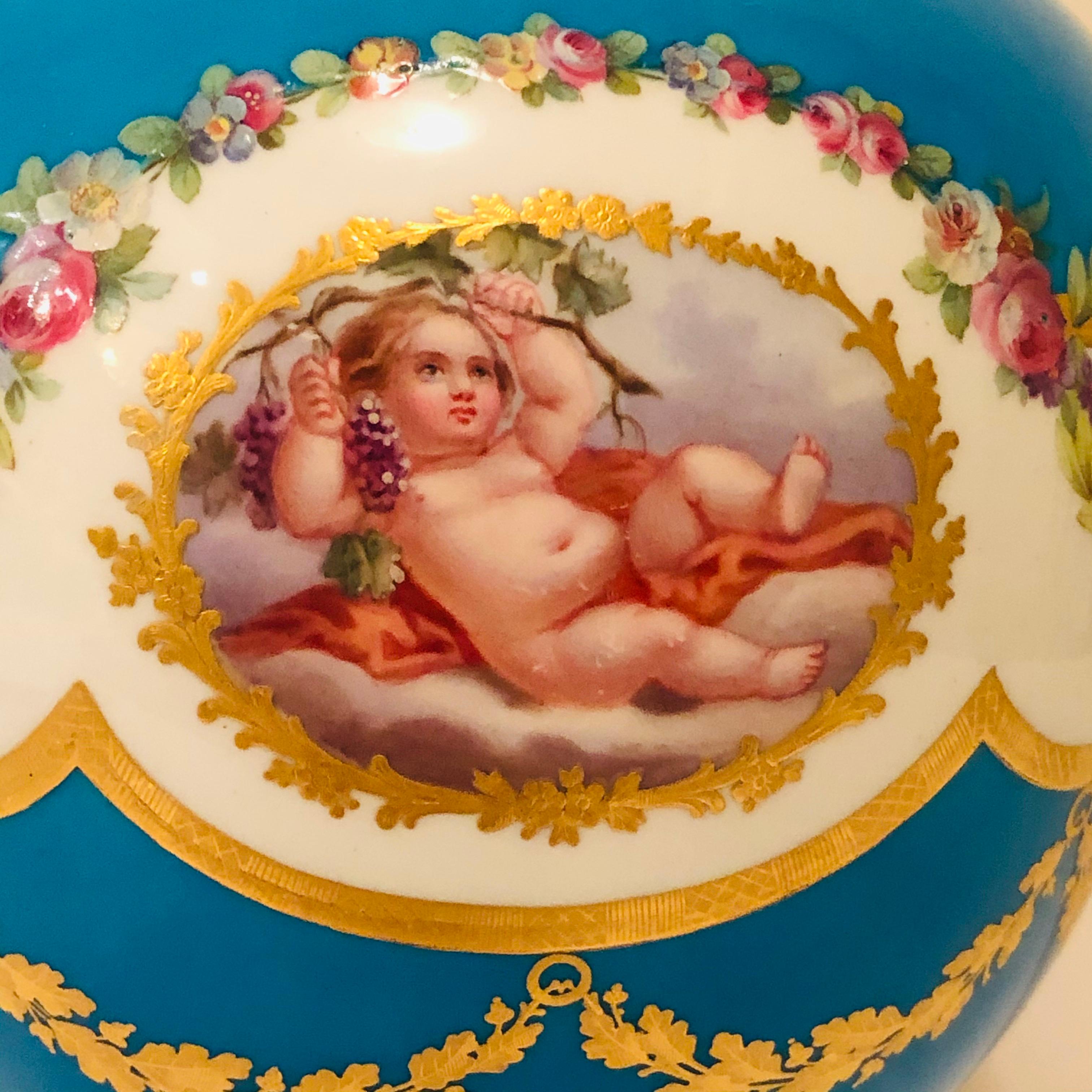 Romantic Celeste Blue Minton Urn Painted with Cherubs and Flowers in the Style of Sèvres