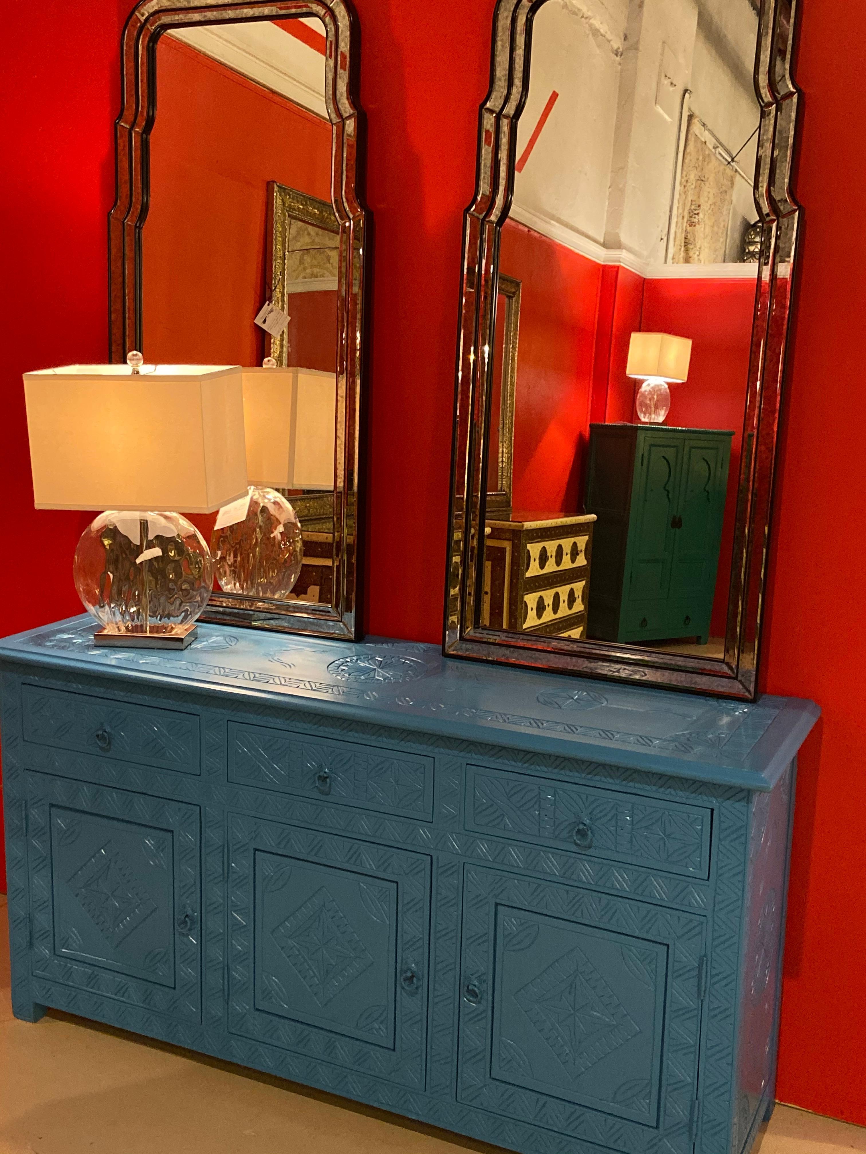 Celeste Blue Modern Moroccan Hand Carved Three Drawer Console or Dresser 10