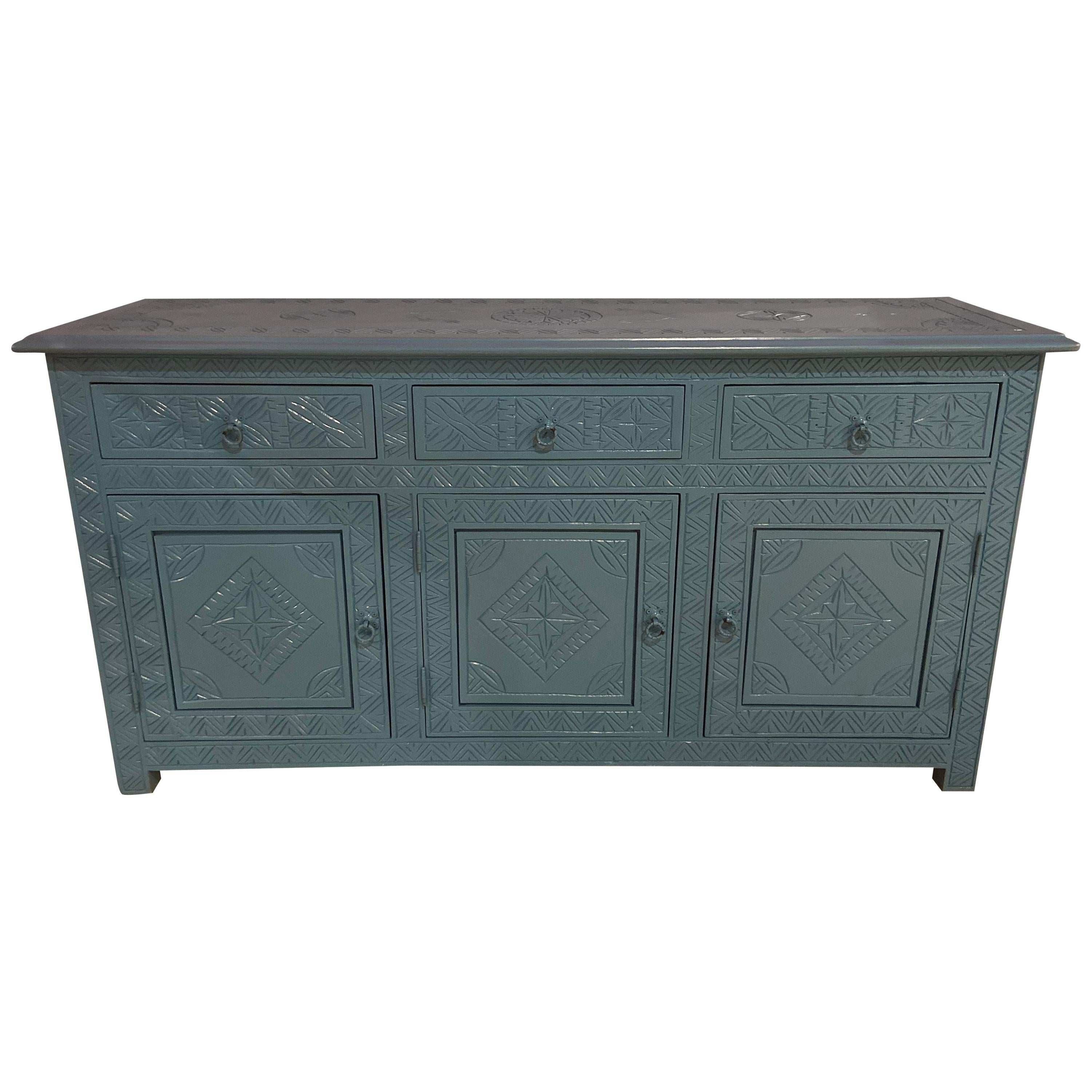 Celeste Blue Modern Moroccan Hand Carved Three Drawer Console or Dresser