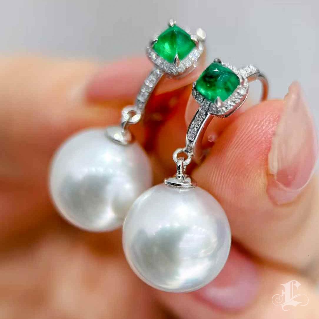 Women's 【Jādora】Celeste Meadow Emerald & South Sea Pearl Drop Earrings For Sale