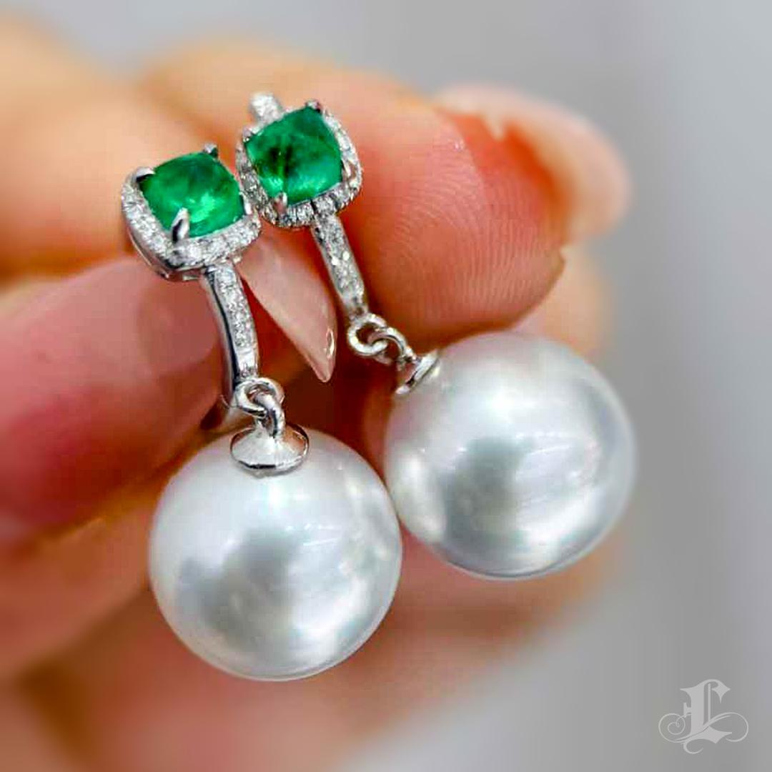 【Jādora】Celeste Meadow Emerald & South Sea Pearl Drop Earrings For Sale 1
