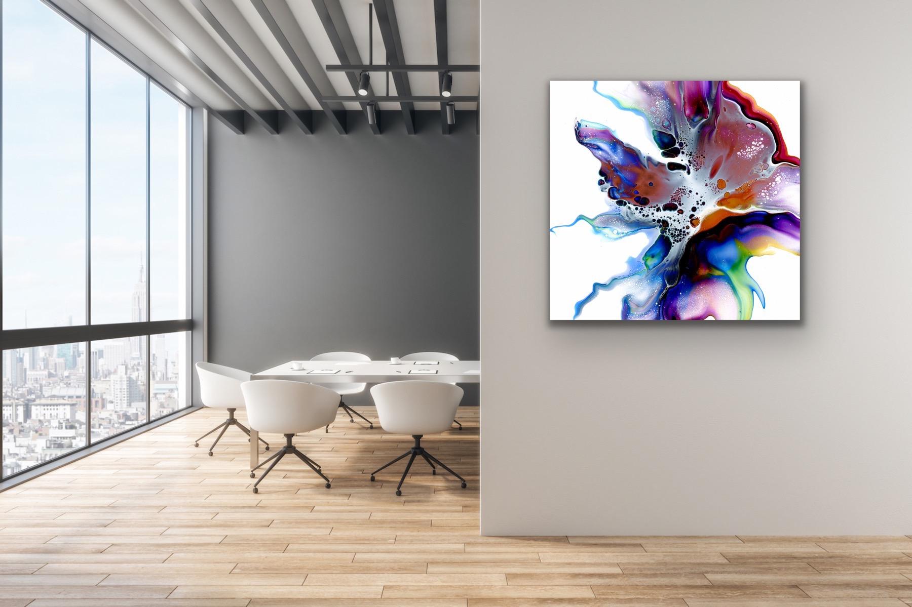 This contemporary modern abstract painting is printed on a lightweight metal composite and comes ready to hang. This vibrant composition can be hung both indoor and outdoor as it is weather resistant.

-Title: Prism
-Artist: Celeste Reiter
-Limited