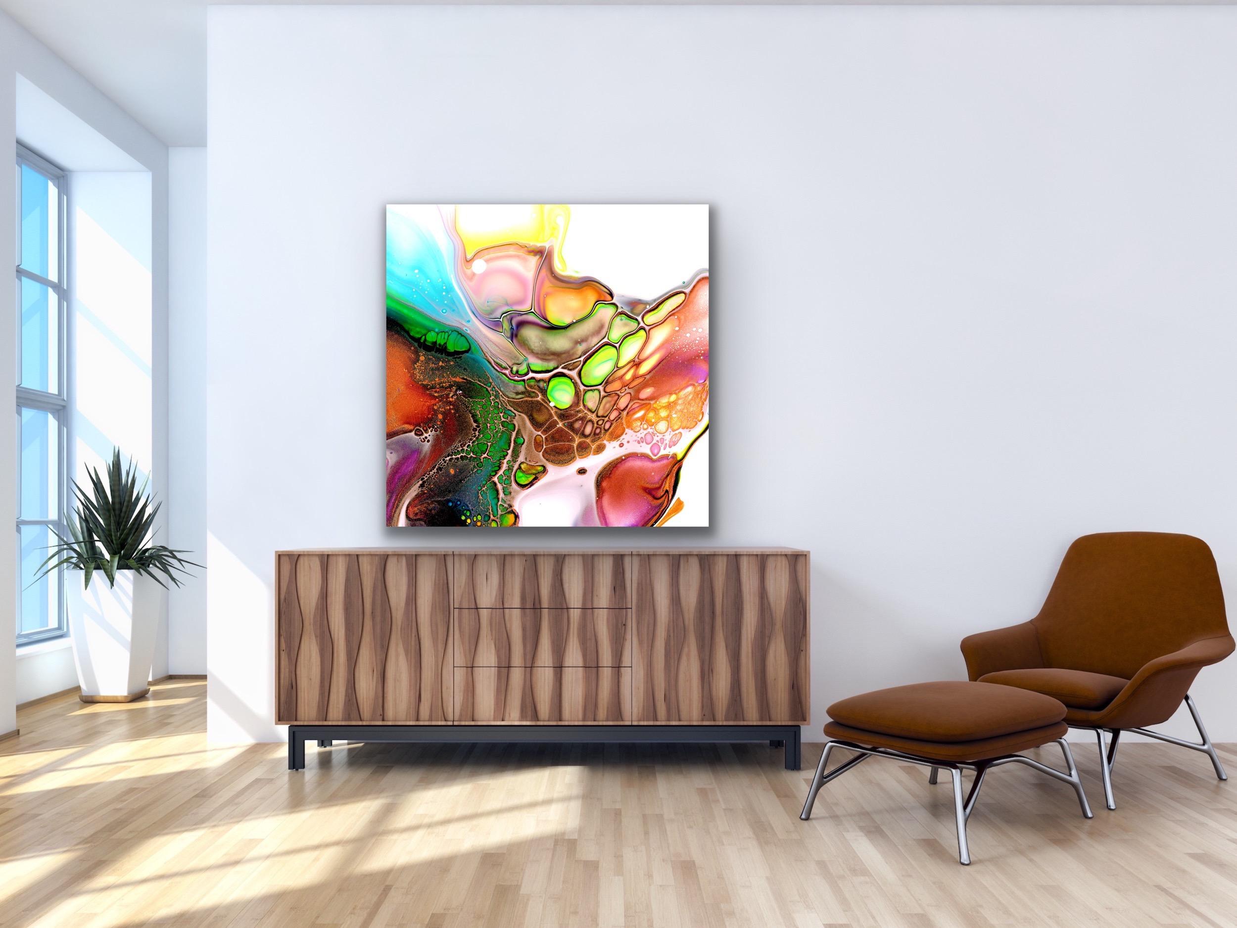 This contemporary modern abstract painting is printed on a lightweight metal composite and comes ready to hang. This vibrant composition can be hung both indoor and outdoor as it is weather resistant.

-Title: Hysteria
-Artist: Celeste