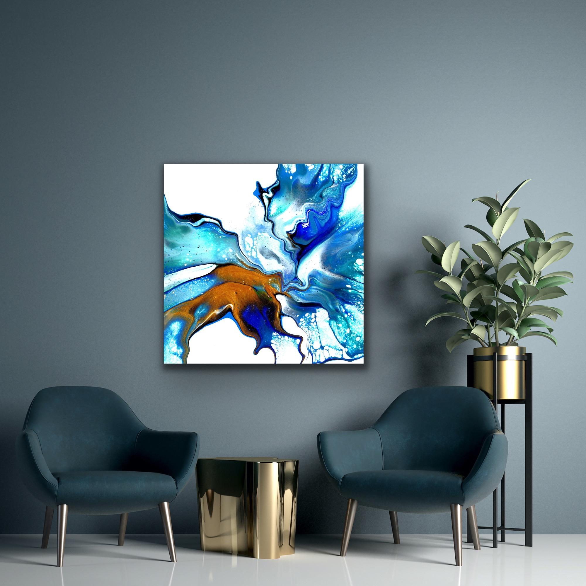 This contemporary modern abstract painting is printed on a lightweight metal composite and comes ready to hang. This vibrant composition can be hung both indoor and outdoor as it is weather resistant.

-Title: Displaced
-Artist: Celeste