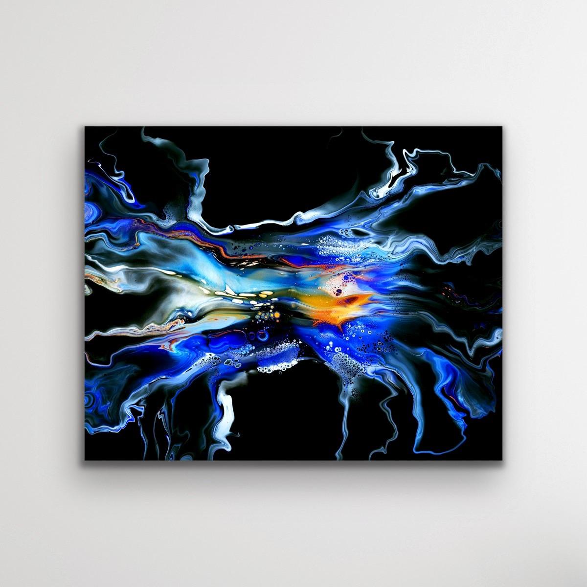 Black Abstract Contemporary Painting, Fluid Art, Modern LE Giclee Print on Metal