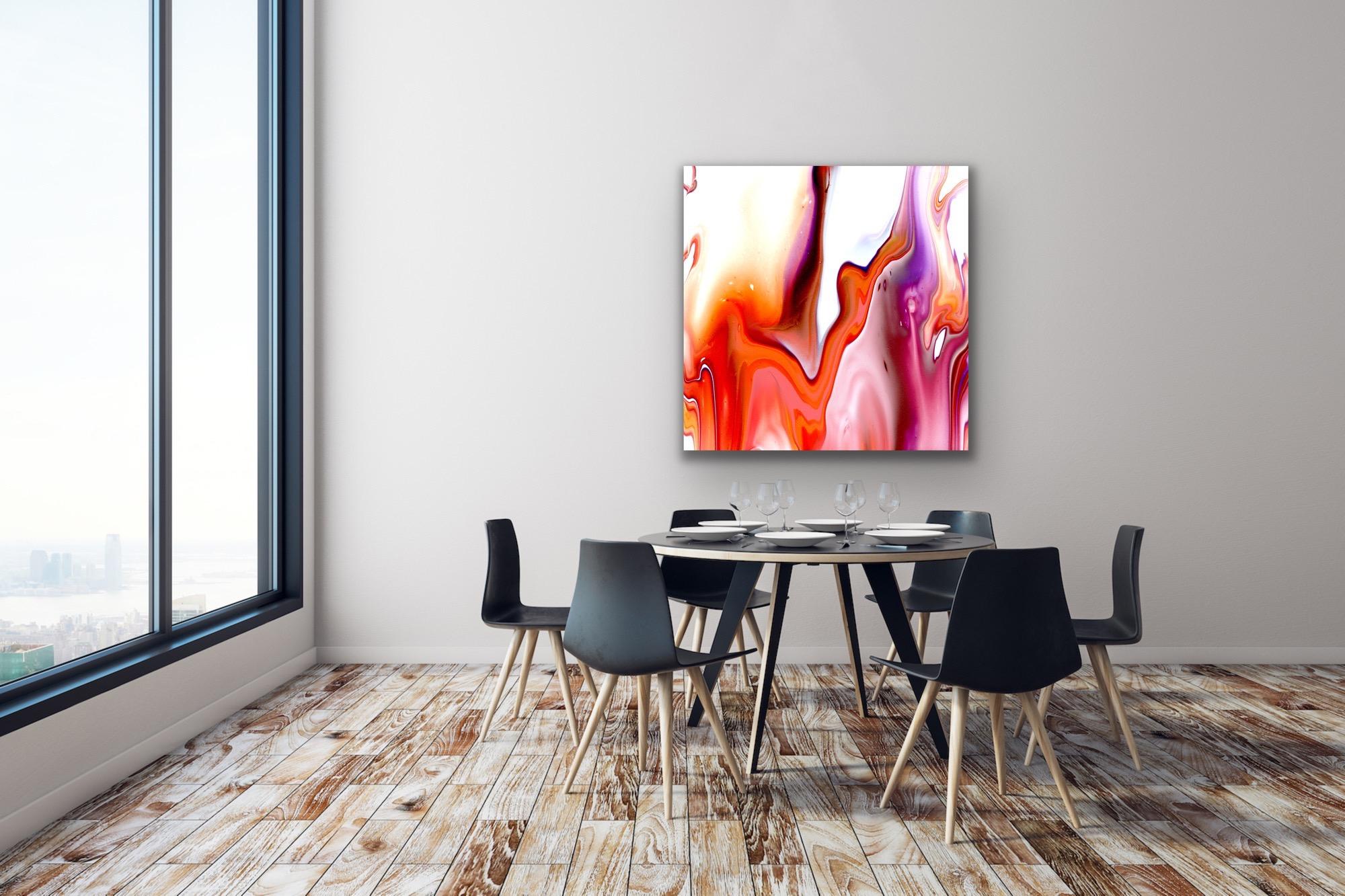 This contemporary modern abstract painting is printed on a lightweight metal composite and comes ready to hang. This vibrant composition can be hung both indoor and outdoor as it is weather resistant.

-Title: Madden
-Artist: Celeste Reiter
-Limited