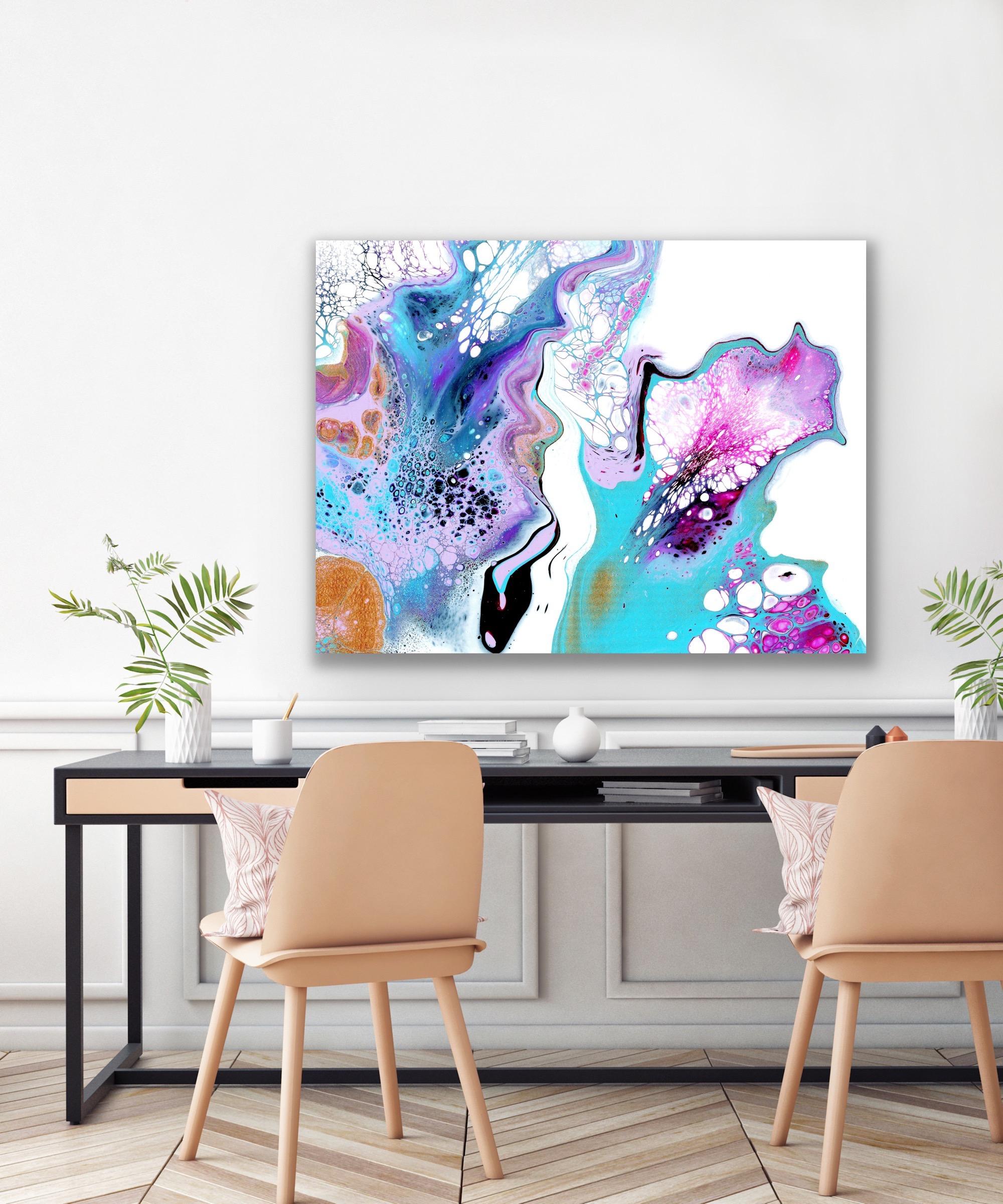This contemporary colorful abstract painting is printed on a lightweight metal composite and comes signed by the hand-artist and ready to hang. 

-Title: Puissance
-Artist: Celeste Reiter
LIMITED EDITION; 1 of 50
*This piece is a limited edition