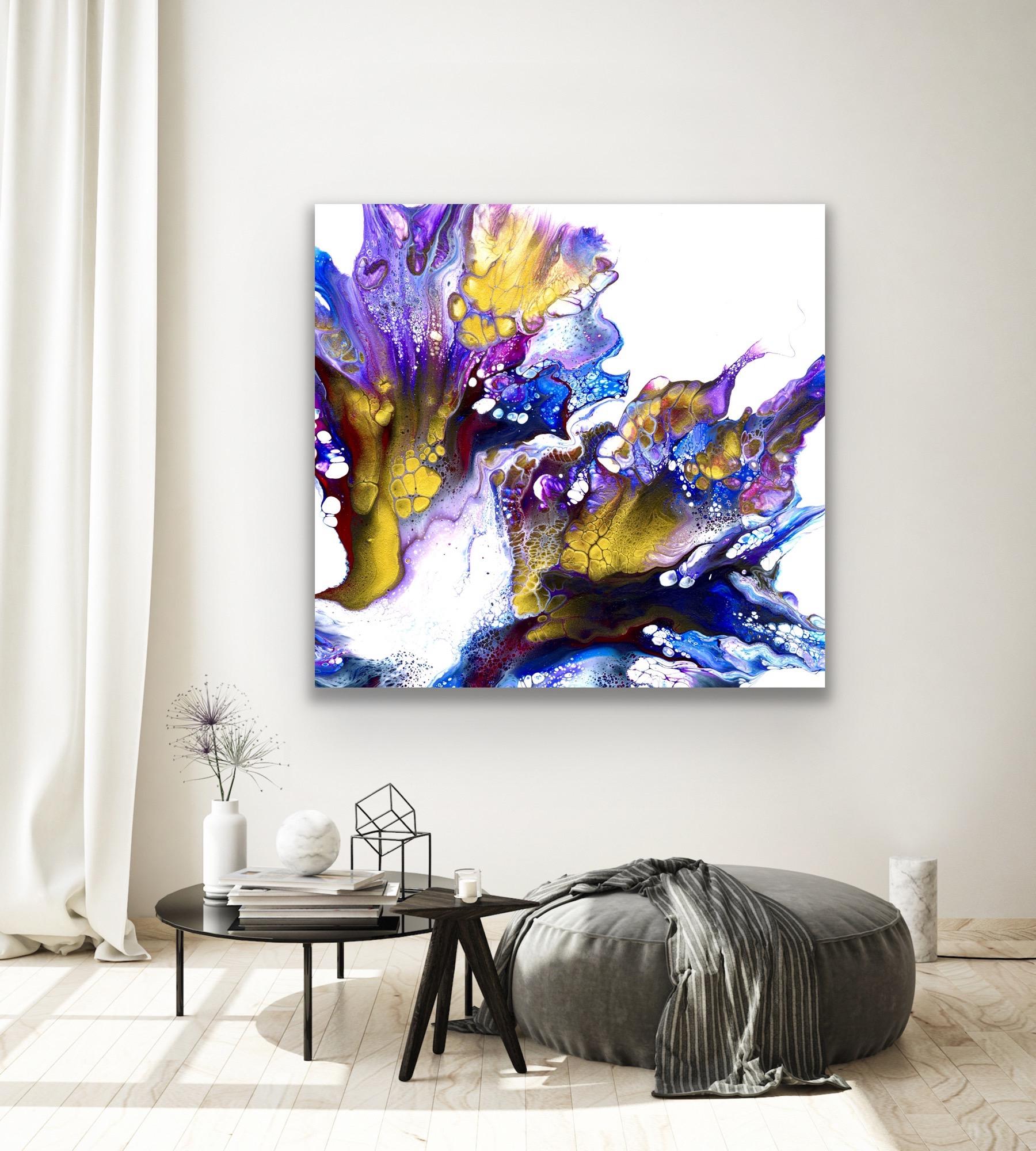 This contemporary modern abstract painting is printed on a lightweight metal composite and comes ready to hang. This vibrant composition can be hung both indoor and outdoor as it is weather resistant.

-Title: Violet Dreams
-Artist: Celeste