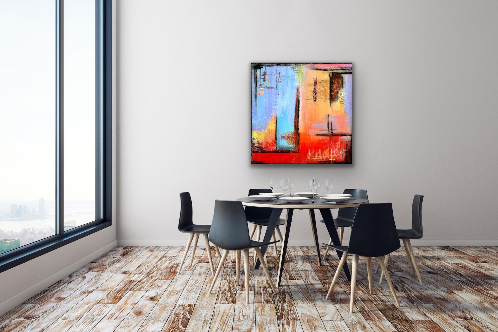 This is a limited edition print of Celeste Reiter's original painting and is signed by the artist.  Printed on lightweight metal composite, your artwork comes ready to hang. This vibrant composition can be hung both indoor and outdoor as it is