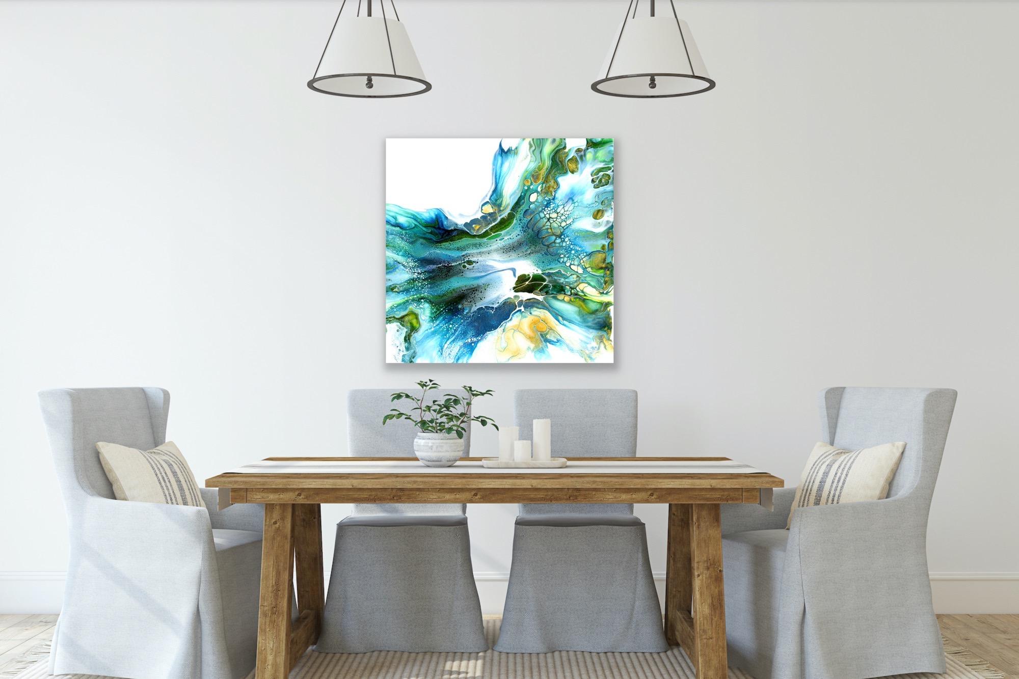 This contemporary modern abstract painting is printed on a lightweight metal composite and comes ready to hang. This vibrant composition can be hung both indoor and outdoor as it is weather resistant.

-Title: Centered
-Artist: Celeste