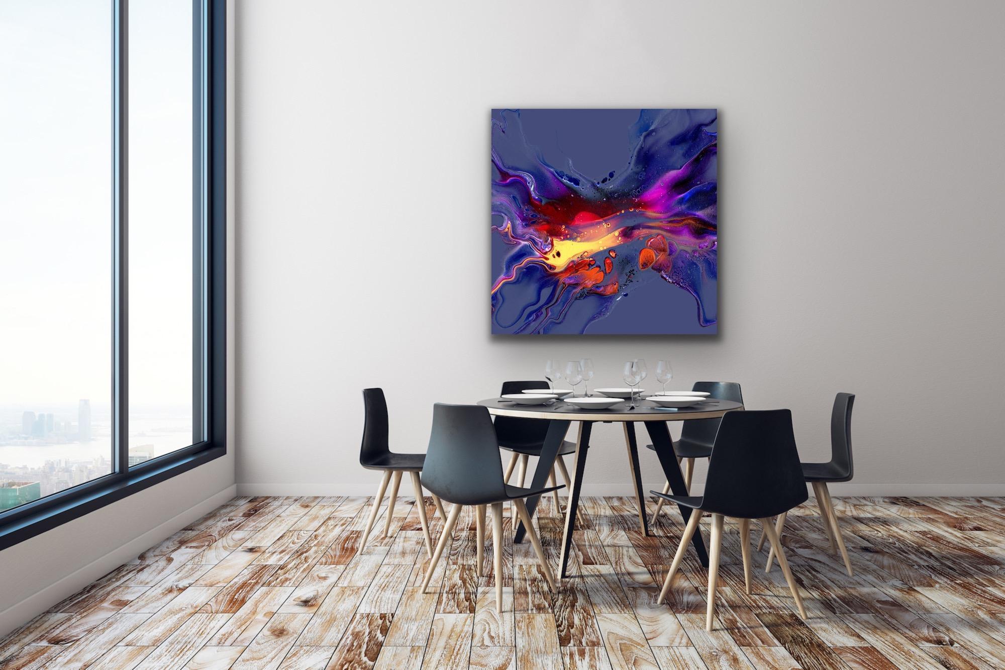 This contemporary modern abstract painting is printed on a lightweight metal composite and comes ready to hang. This vibrant composition can be hung both indoor and outdoor as it is weather resistant.

-Title: Cozen
-Artist: Celeste Reiter
-Open