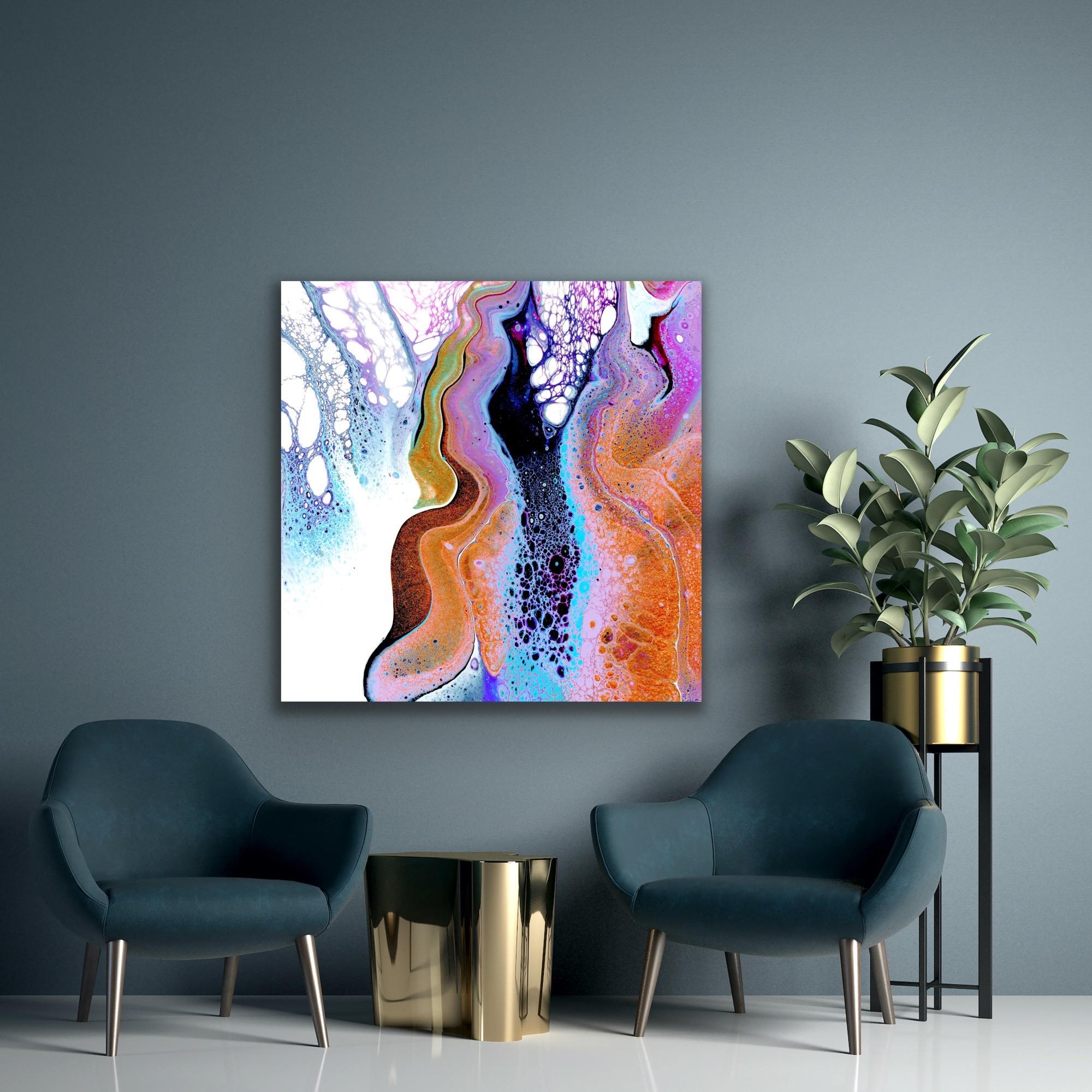 This modern abstract painting is printed on a lightweight metal composite and is suitable for indoor or outdoor decor. This open edition print of Celeste Reiter's original painting, is signed by the artist. 

-Title: Aeration 
-Artist: Celeste
