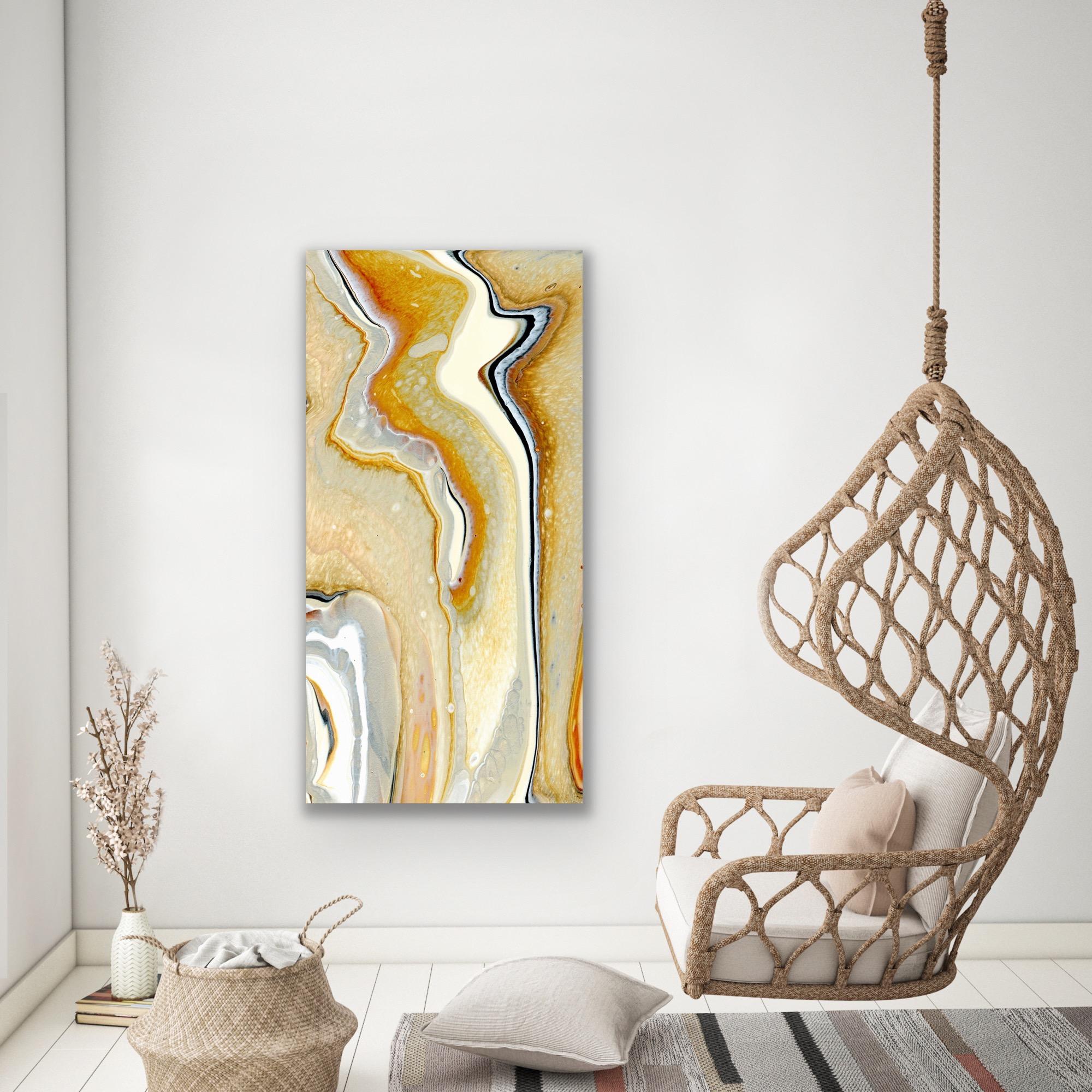 This modern abstract painting is printed on a lightweight metal composite and is suitable for indoor or outdoor decor. This open edition print of Celeste Reiter's original painting is signed by the artist. 

-Title: Molten
-Artist: Celeste