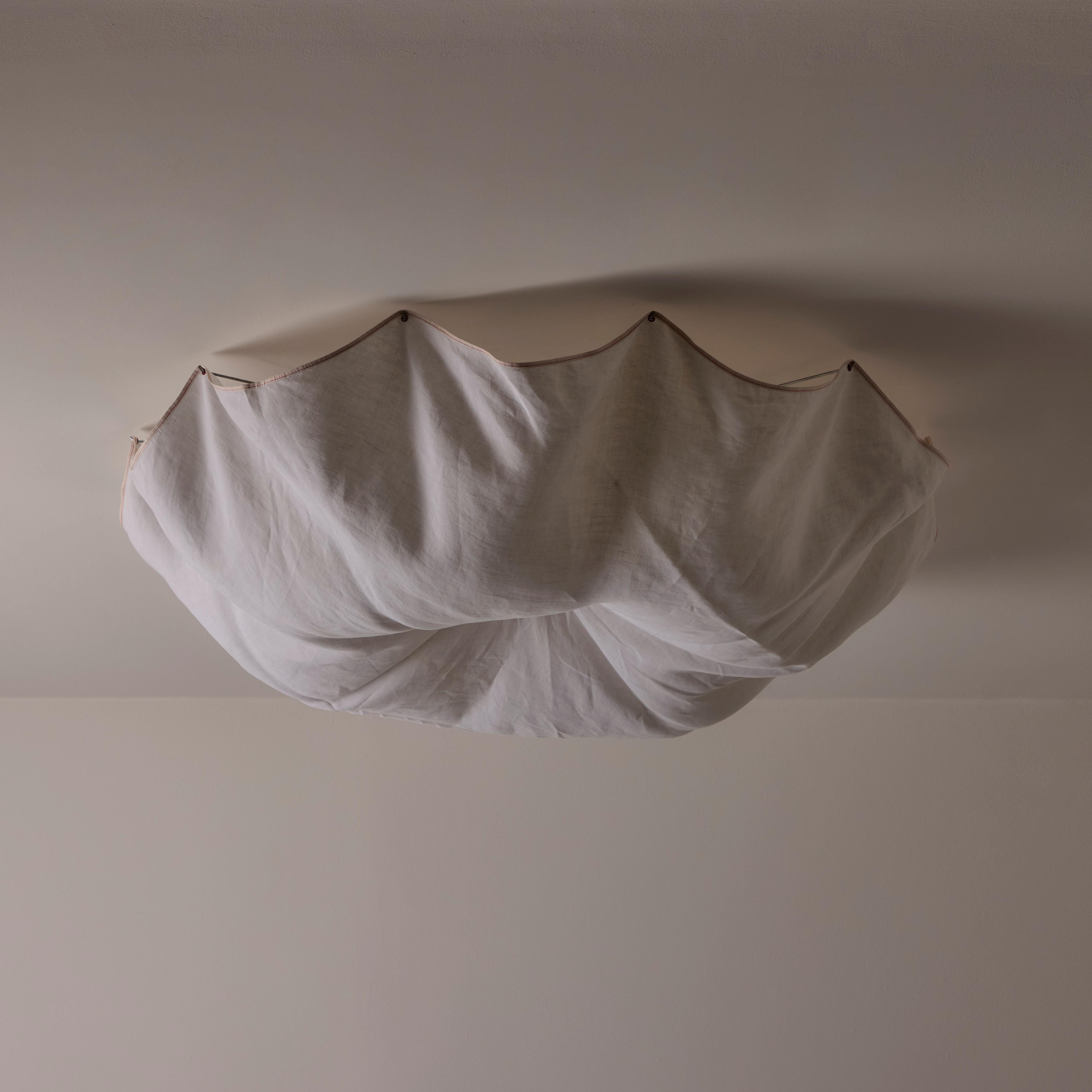 'Celestia' ceiling light by Tobia Scarpa for Flos. Designed and manufactured in Italy, 1982. Linen fabric draped diffuser in a natural seeded color. Chromed spokes allow for drapery on linen shade. Powder-coated off-white pressed aluminum electrical