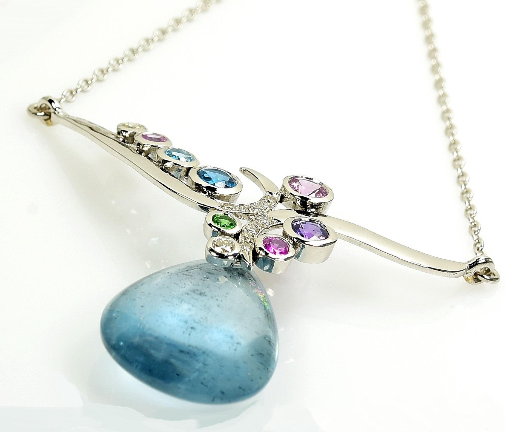 Mixed Cut Celestial 13.66 carat Aquamarine & Sapphire Pendant Necklace in 14K White Gold For Sale